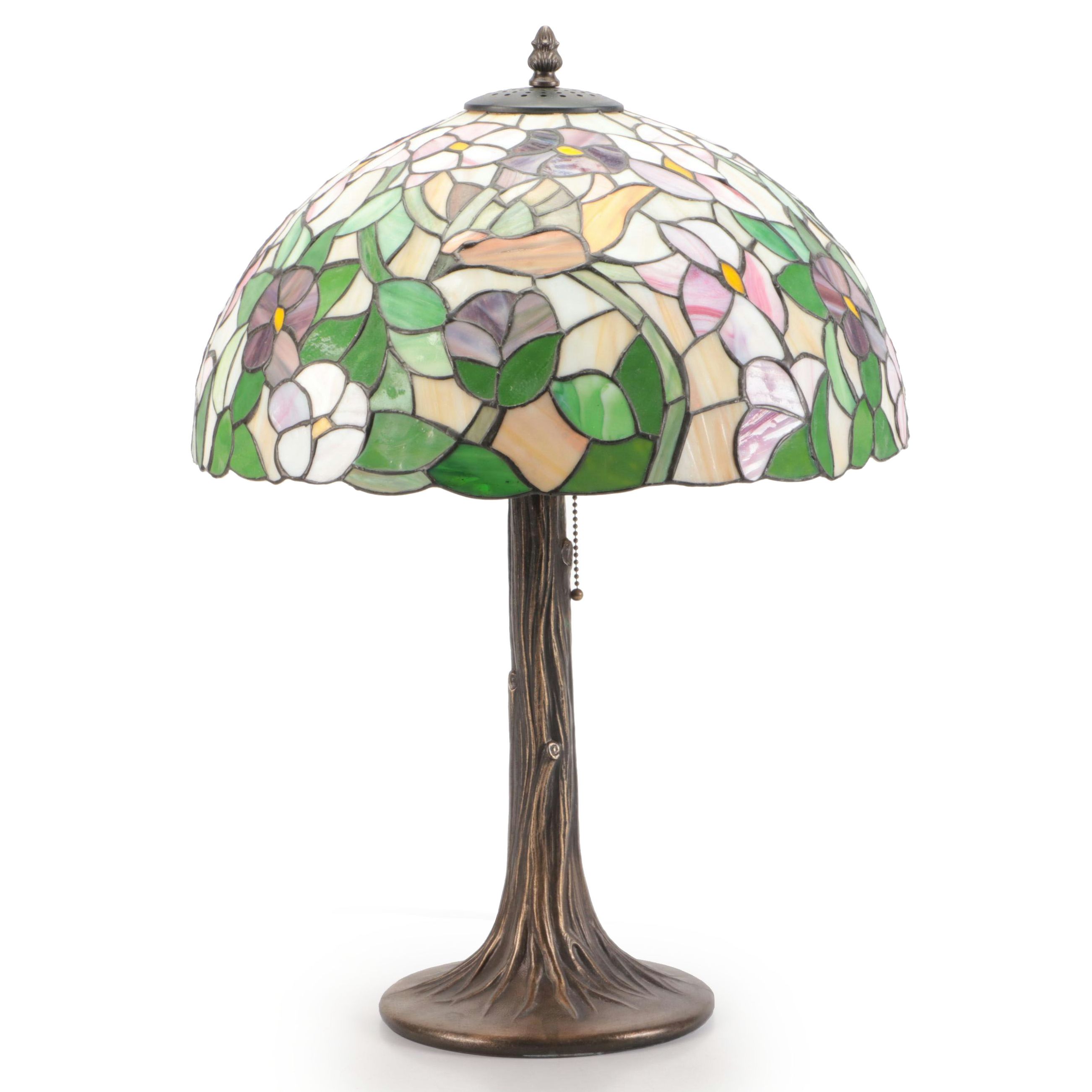 Art Nouveau Tree Stump Floral Slag Glass Table Lamp
