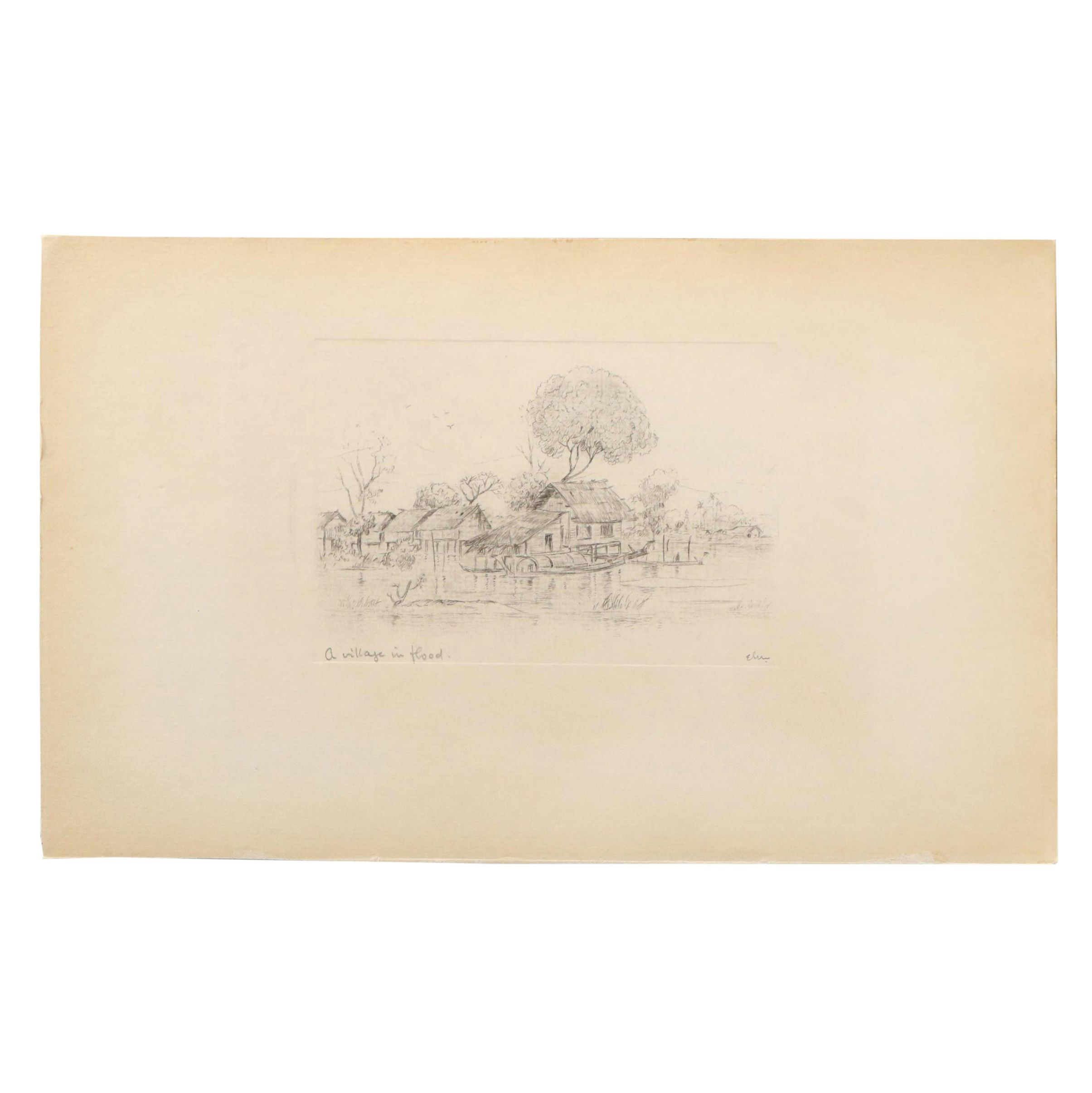 Engraving "A Village in Flood," Early 20th Century