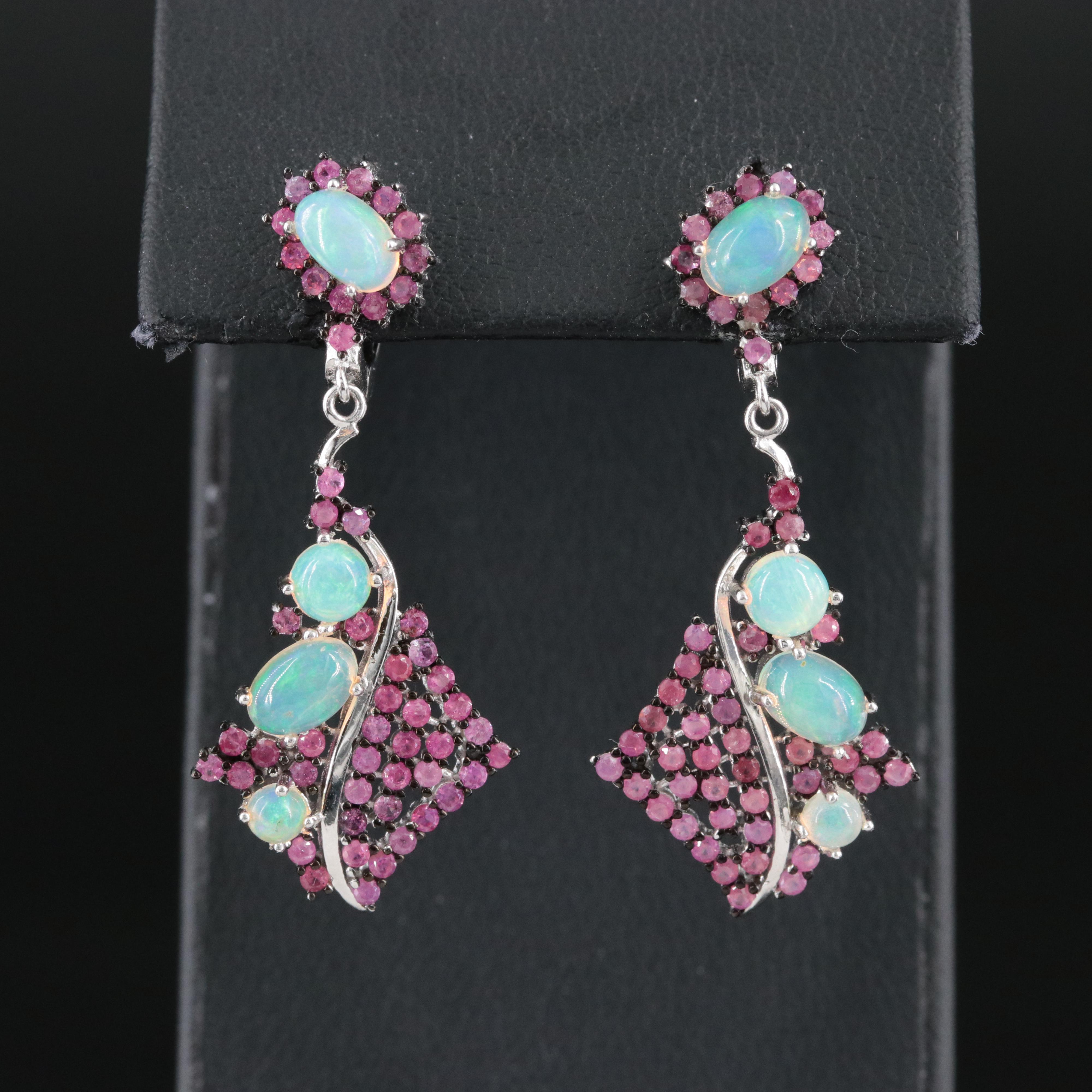 Sterling Opal and Ruby Drop Earrings