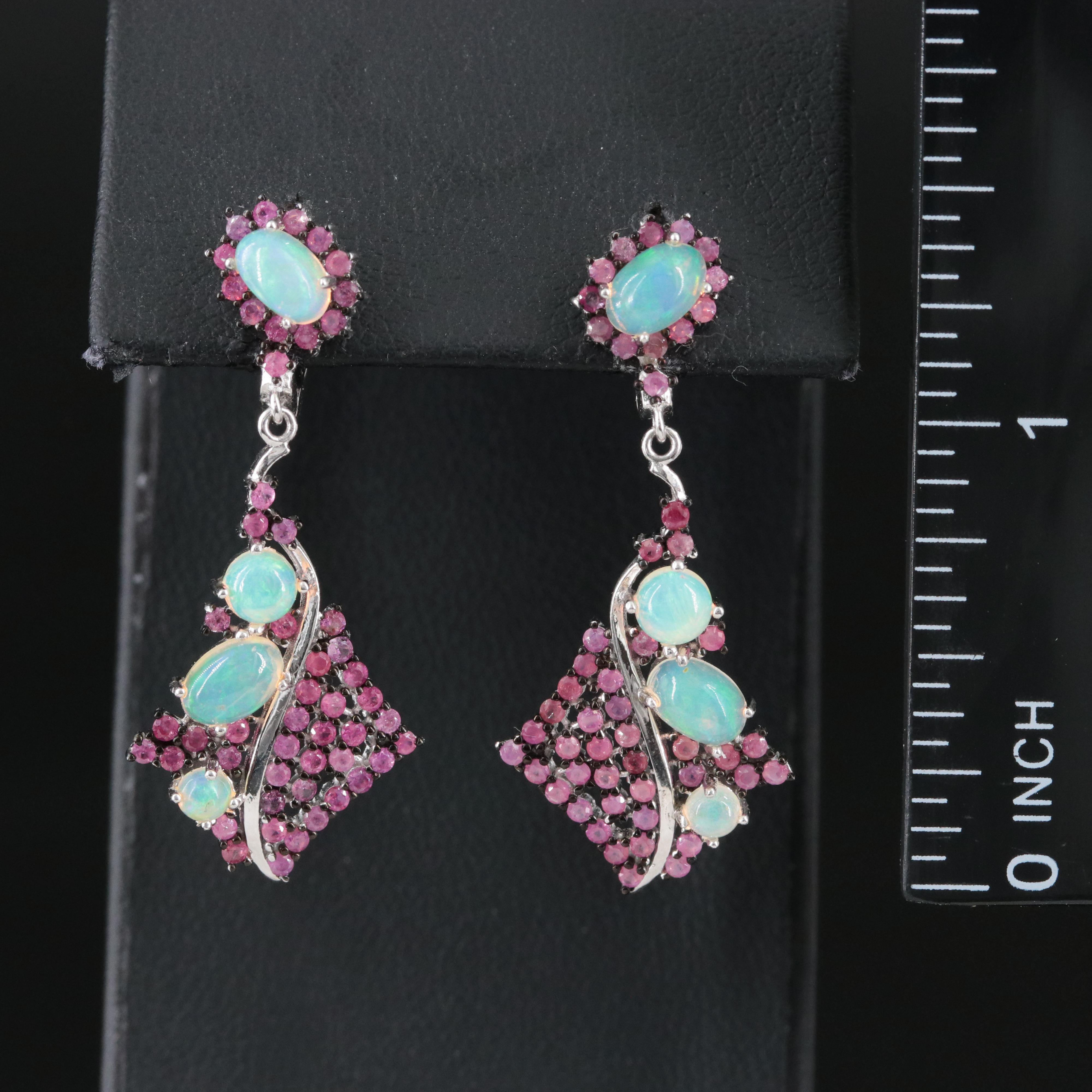 Sterling Opal and Ruby Drop Earrings