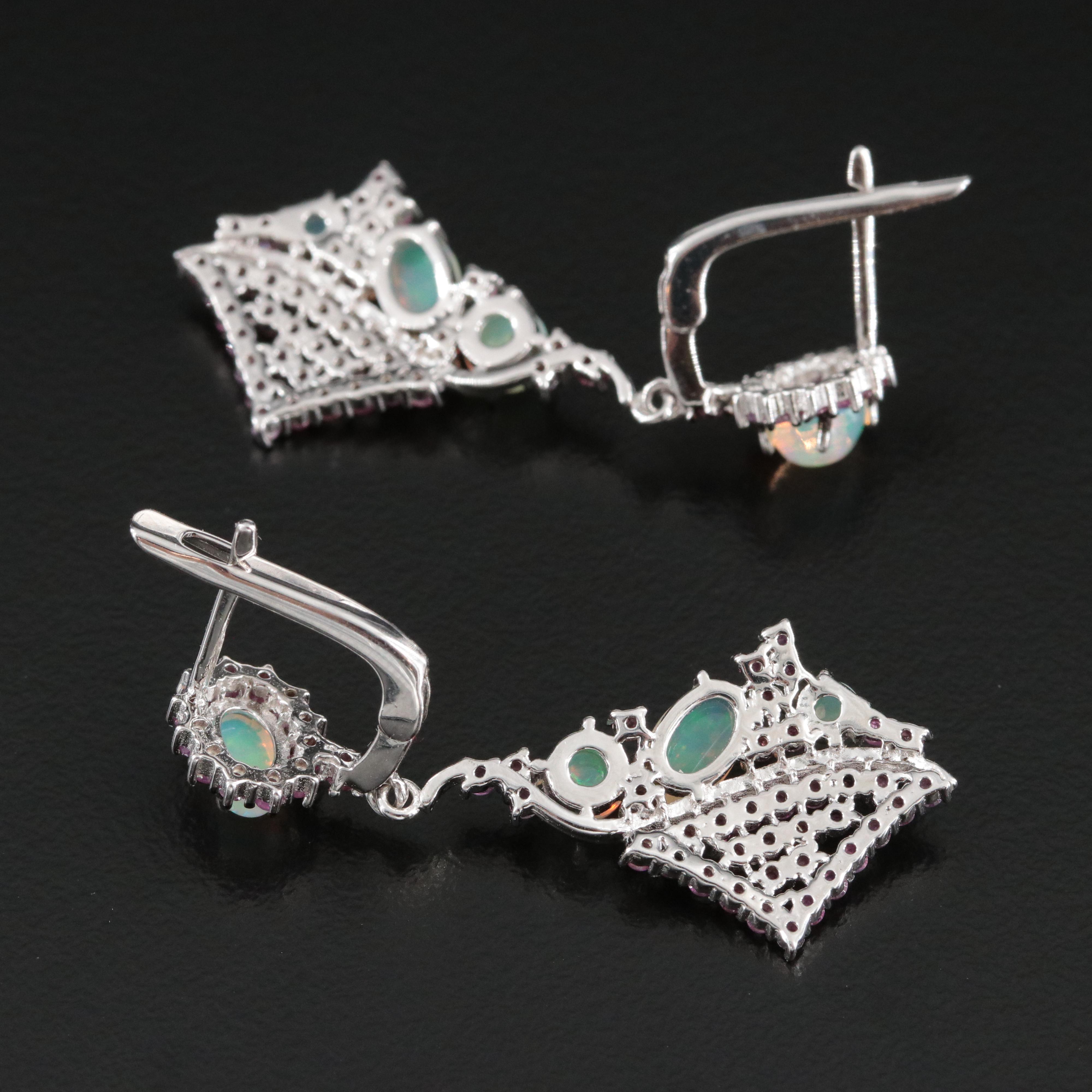 Sterling Opal and Ruby Drop Earrings
