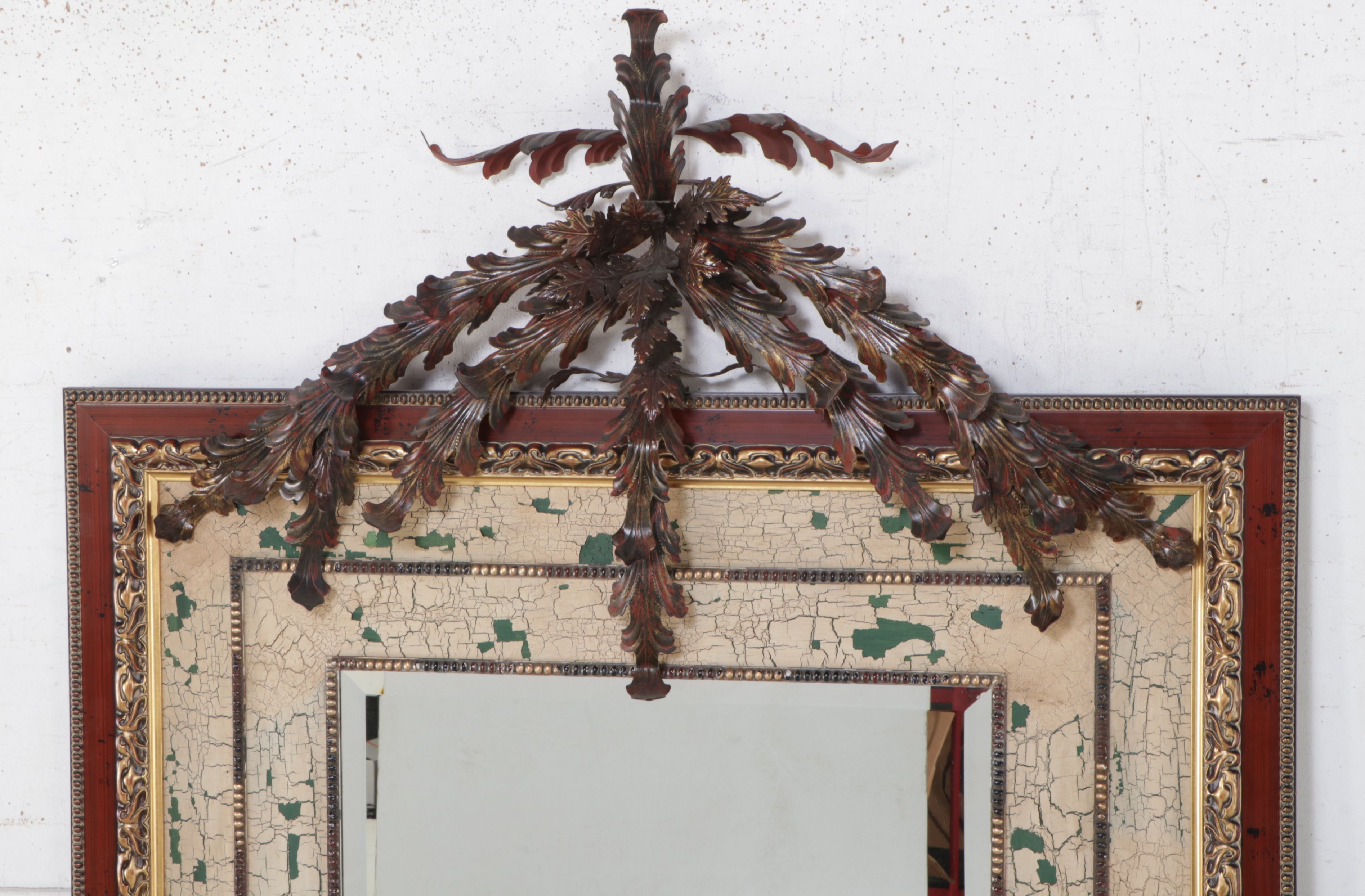 John Richard French Style Antiqued Wall Mirror with Metal Leaf Embellishments