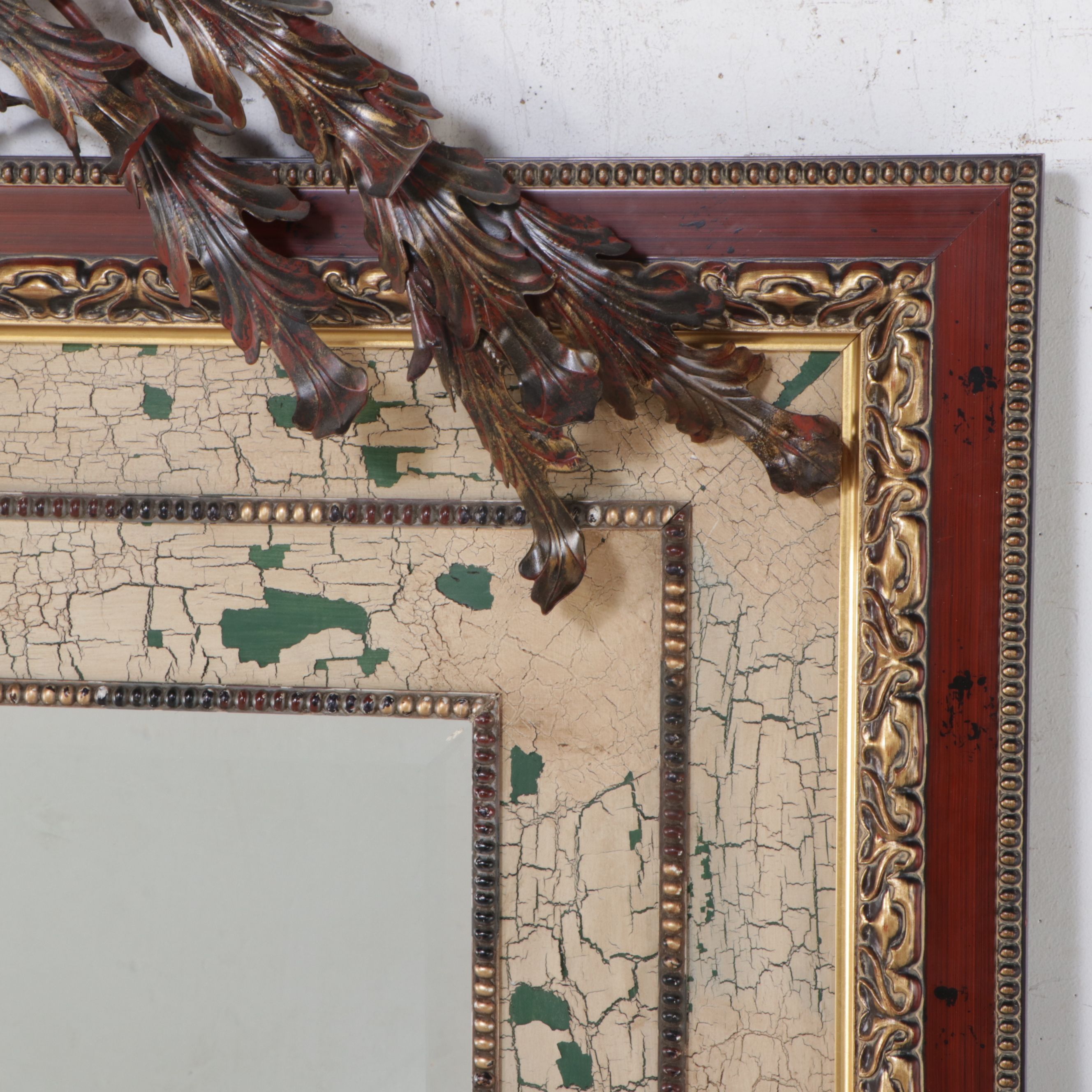 John Richard French Style Antiqued Wall Mirror with Metal Leaf Embellishments