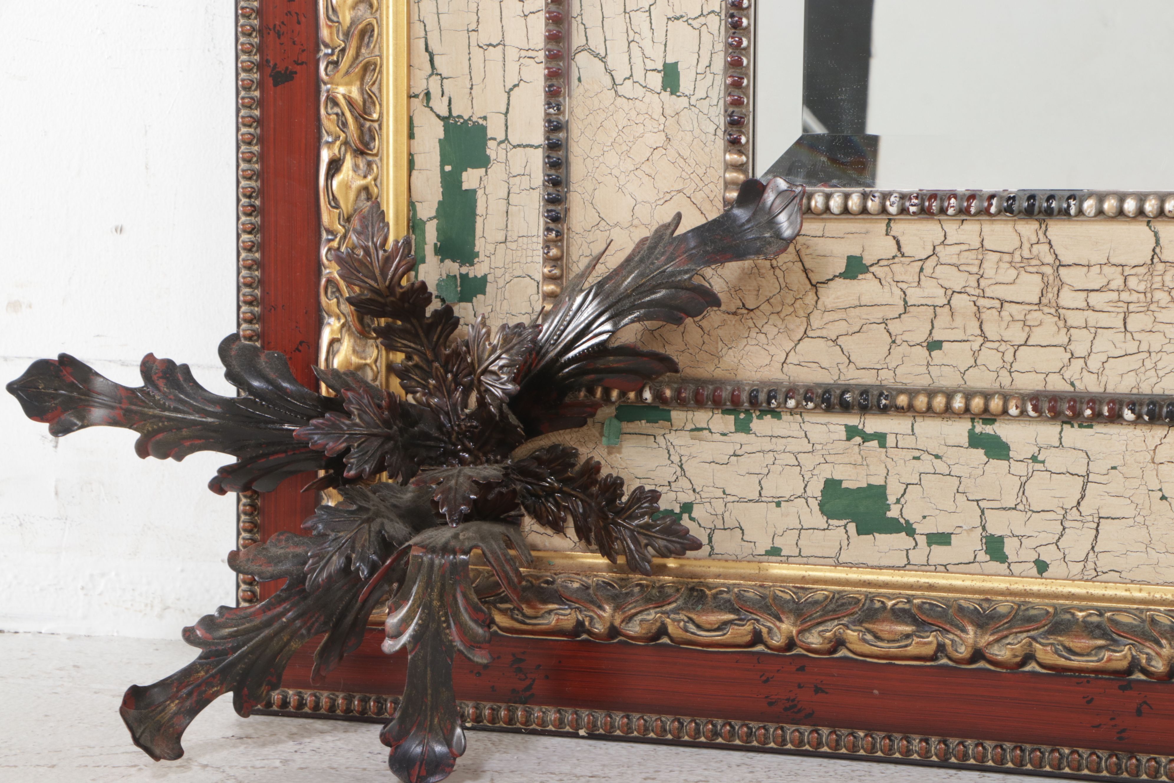 John Richard French Style Antiqued Wall Mirror with Metal Leaf Embellishments