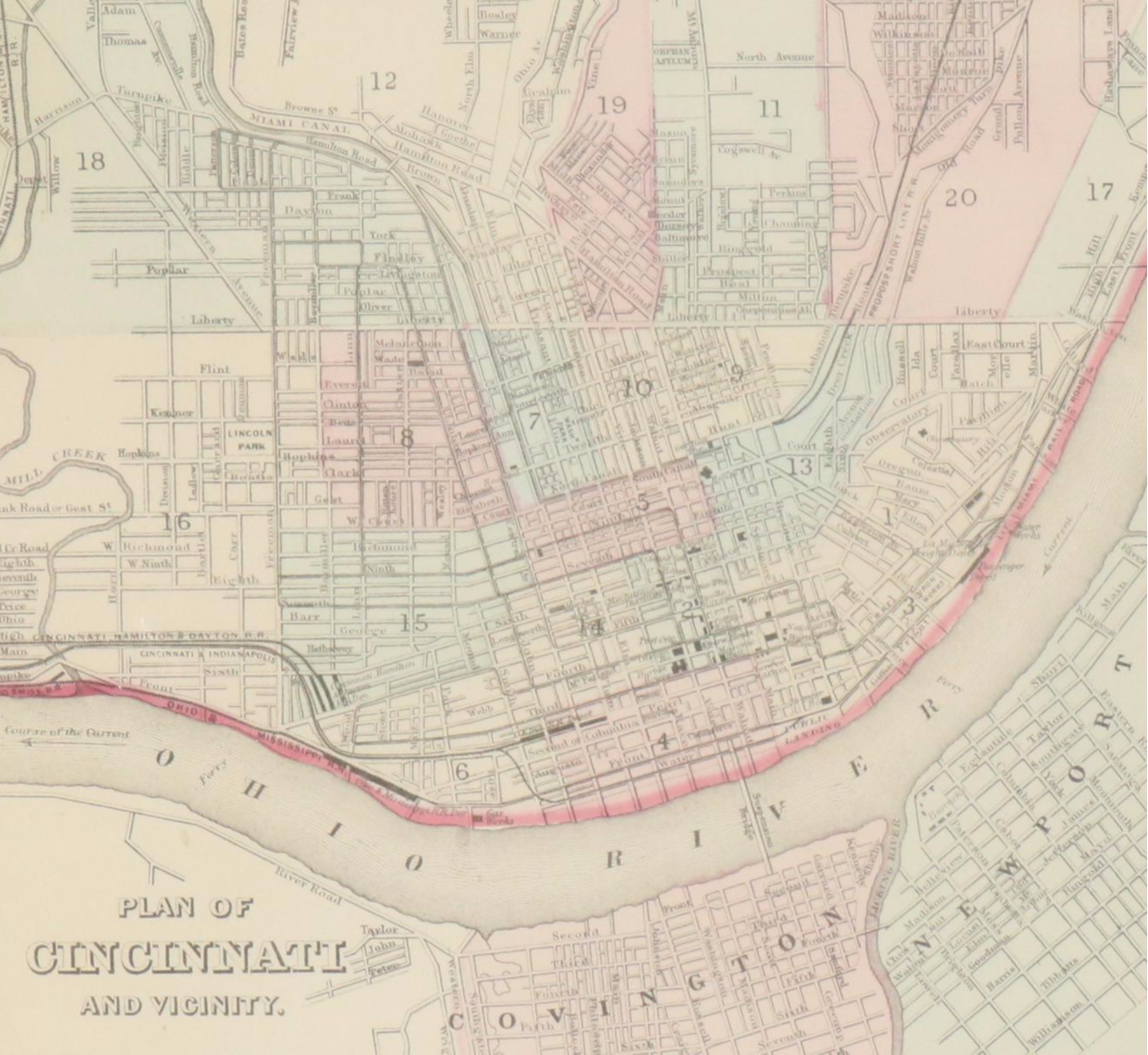 Hand-Colored Engraved City Map "Plan of Cincinnati and Vicinity," circa 1874