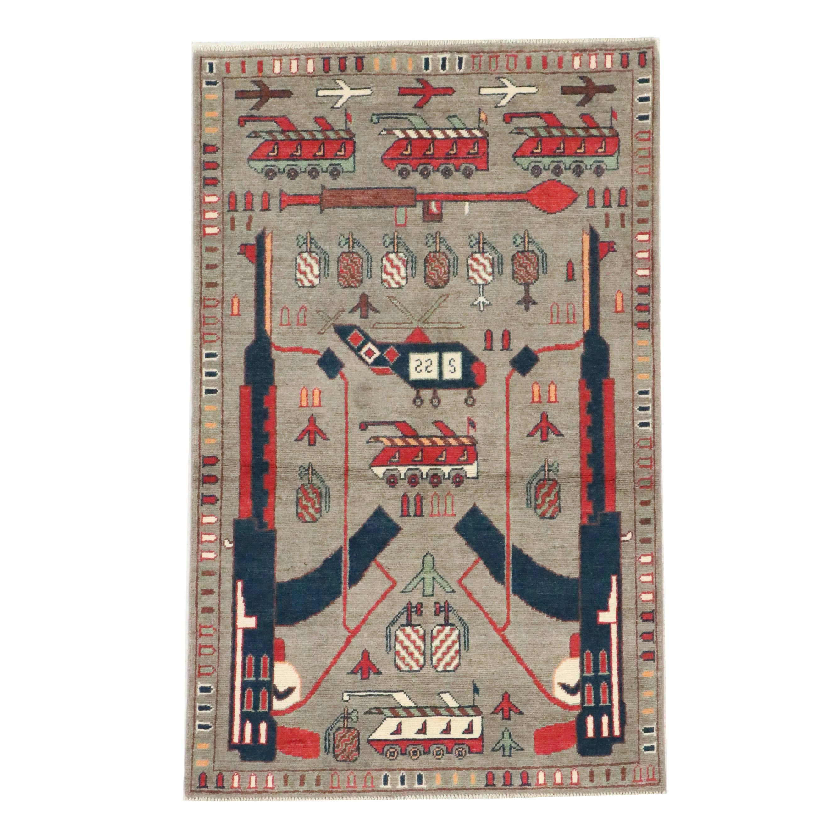 3'3" x 5'2" Hand-Knotted Afghan Pictorial War Area Rug