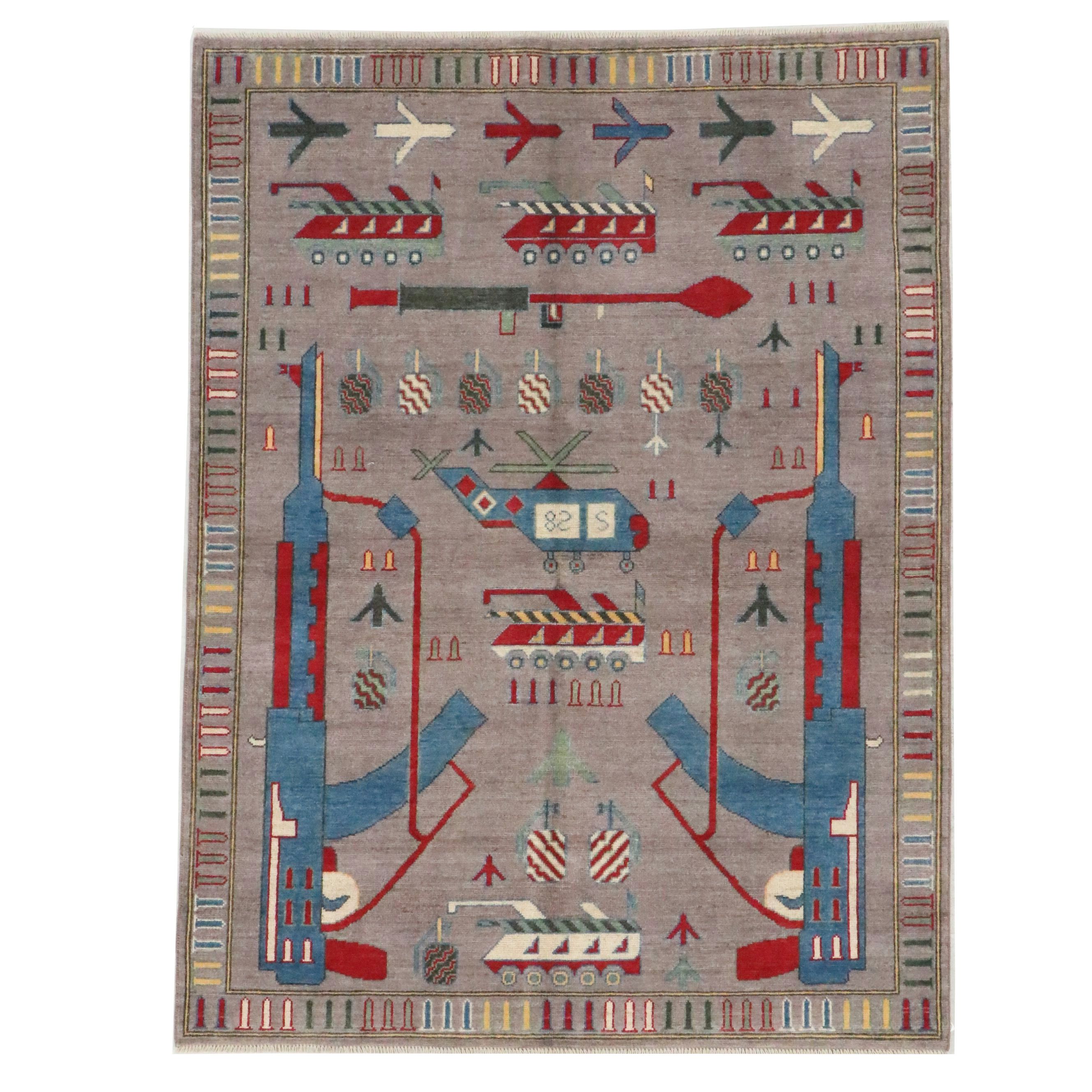 4'11 x 6'8 Hand-Knotted Afghan Pictorial War Area Rug