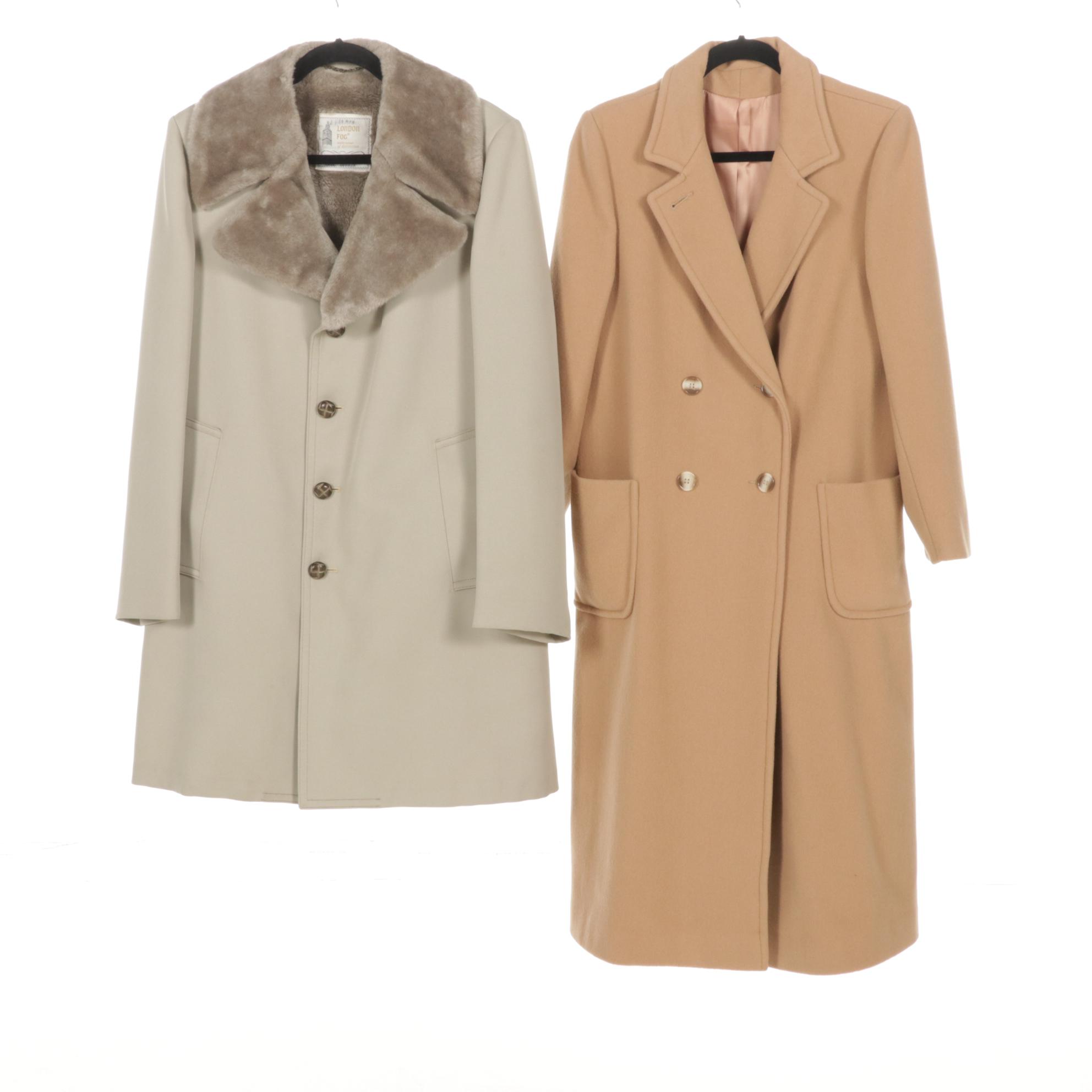 Men's London Fog Sage Green Fur-Lined Coat and Women's Tan Wool Coat