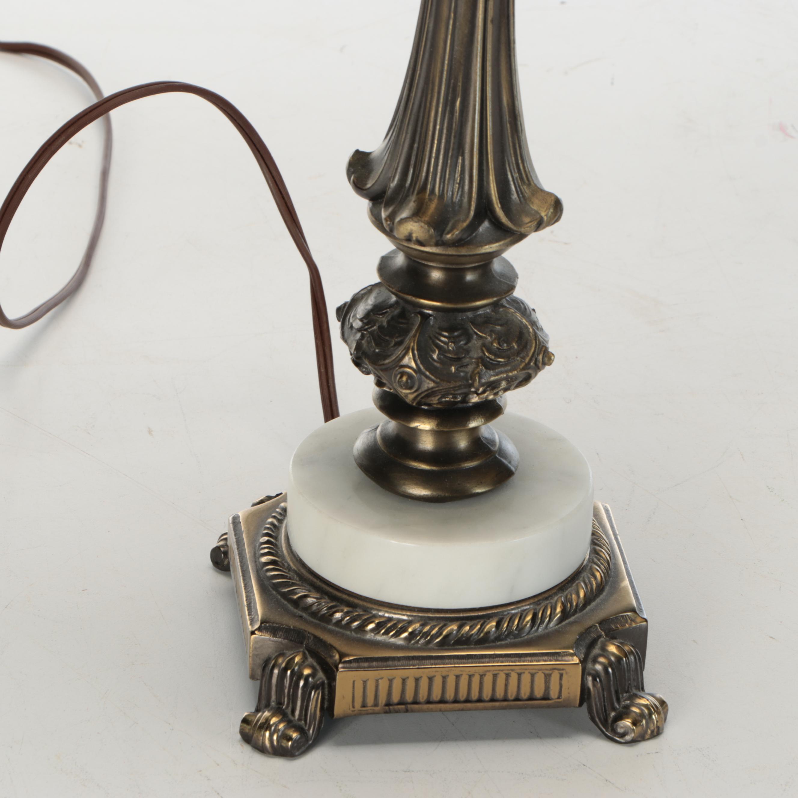 Pair of Aged Brass & Marble Candlestick Table Lamps with Drum Shades, Vintage