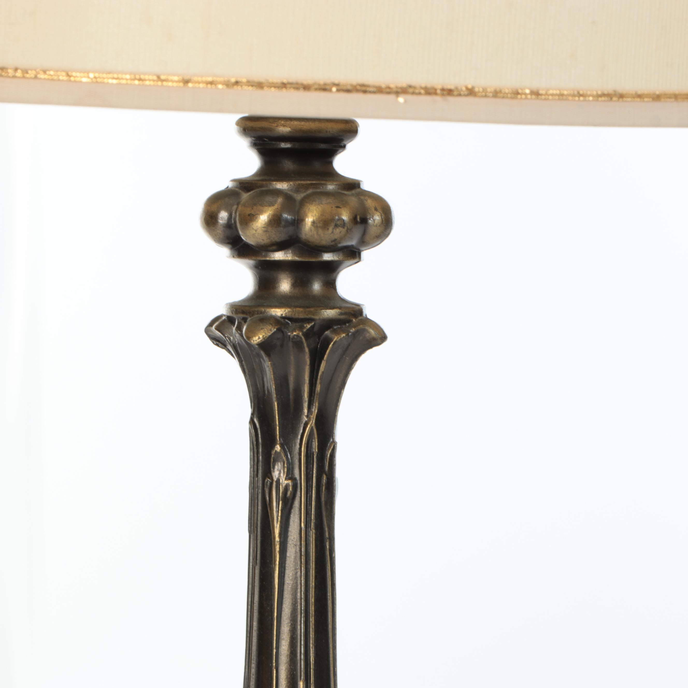 Pair of Aged Brass & Marble Candlestick Table Lamps with Drum Shades, Vintage