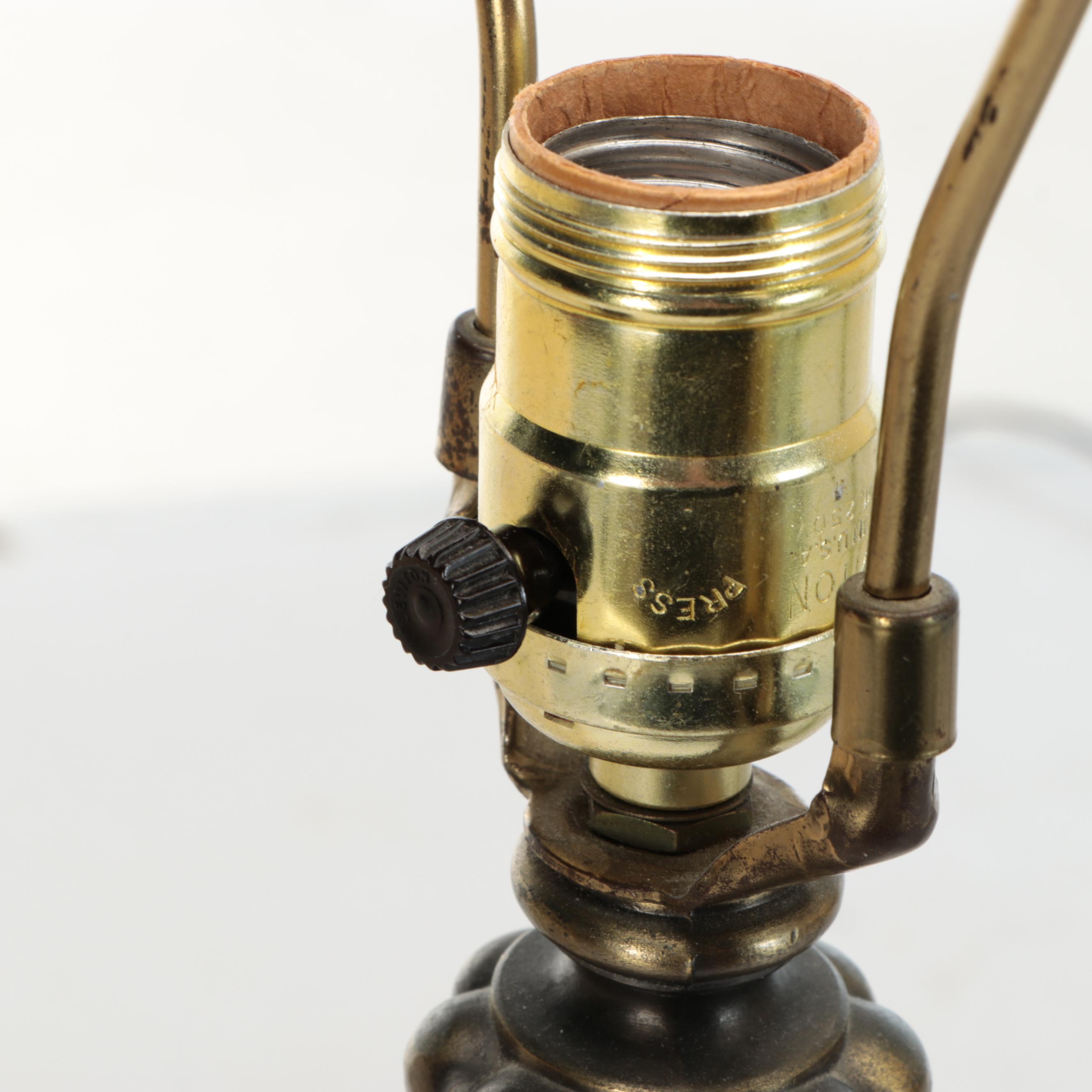 Pair of Aged Brass & Marble Candlestick Table Lamps with Drum Shades, Vintage