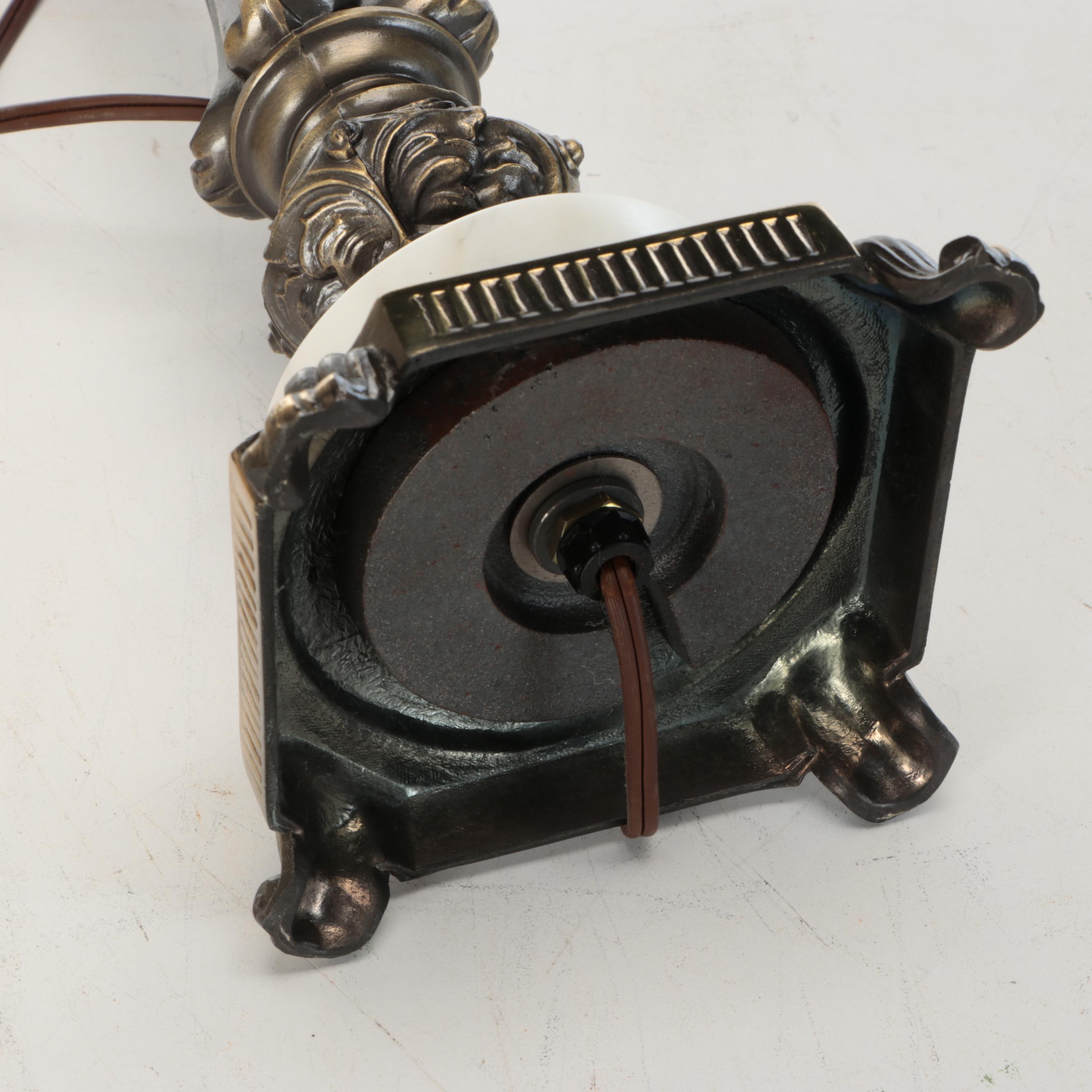 Pair of Aged Brass & Marble Candlestick Table Lamps with Drum Shades, Vintage