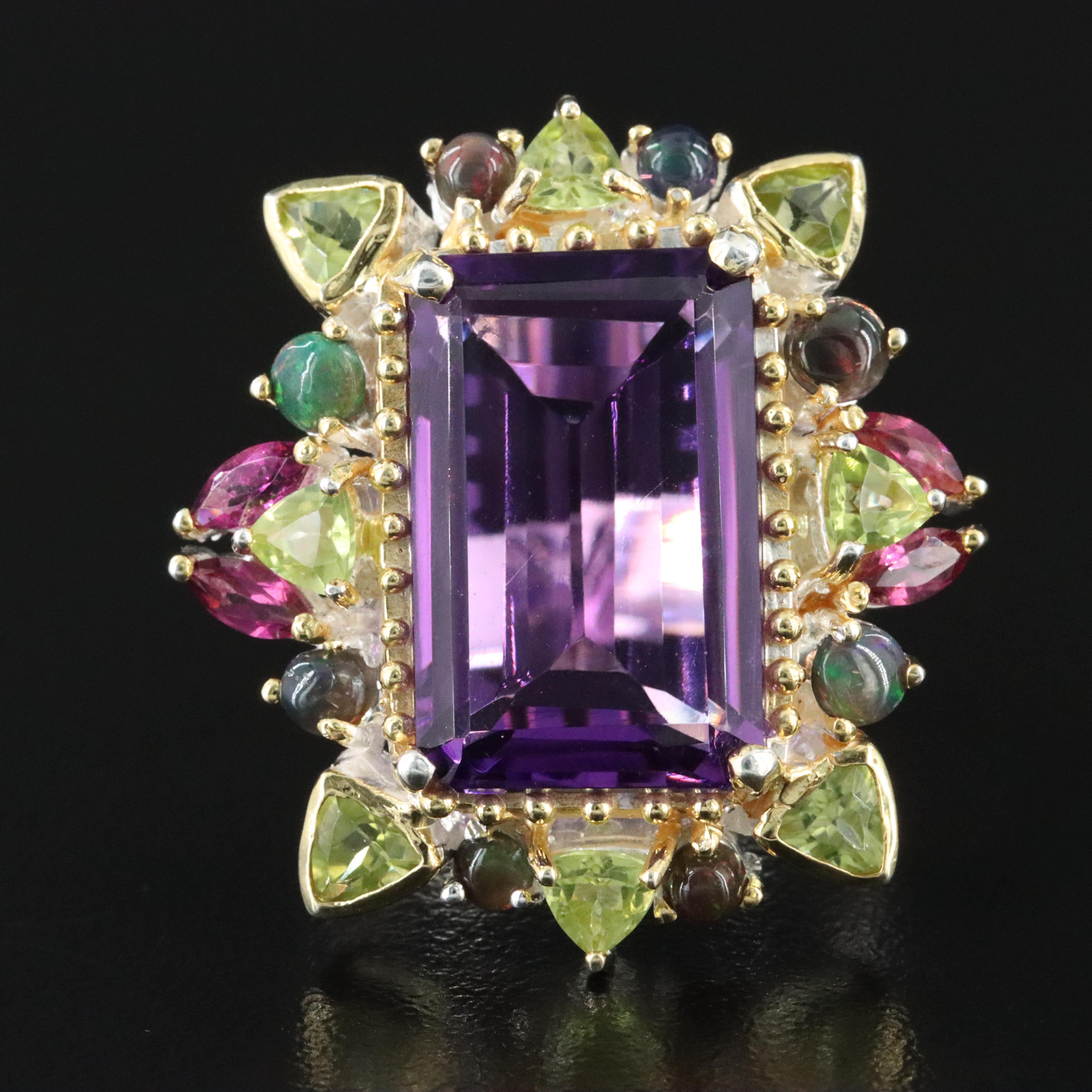 Sterling Amethyst, Peridot and Opal Rectangular Ring
