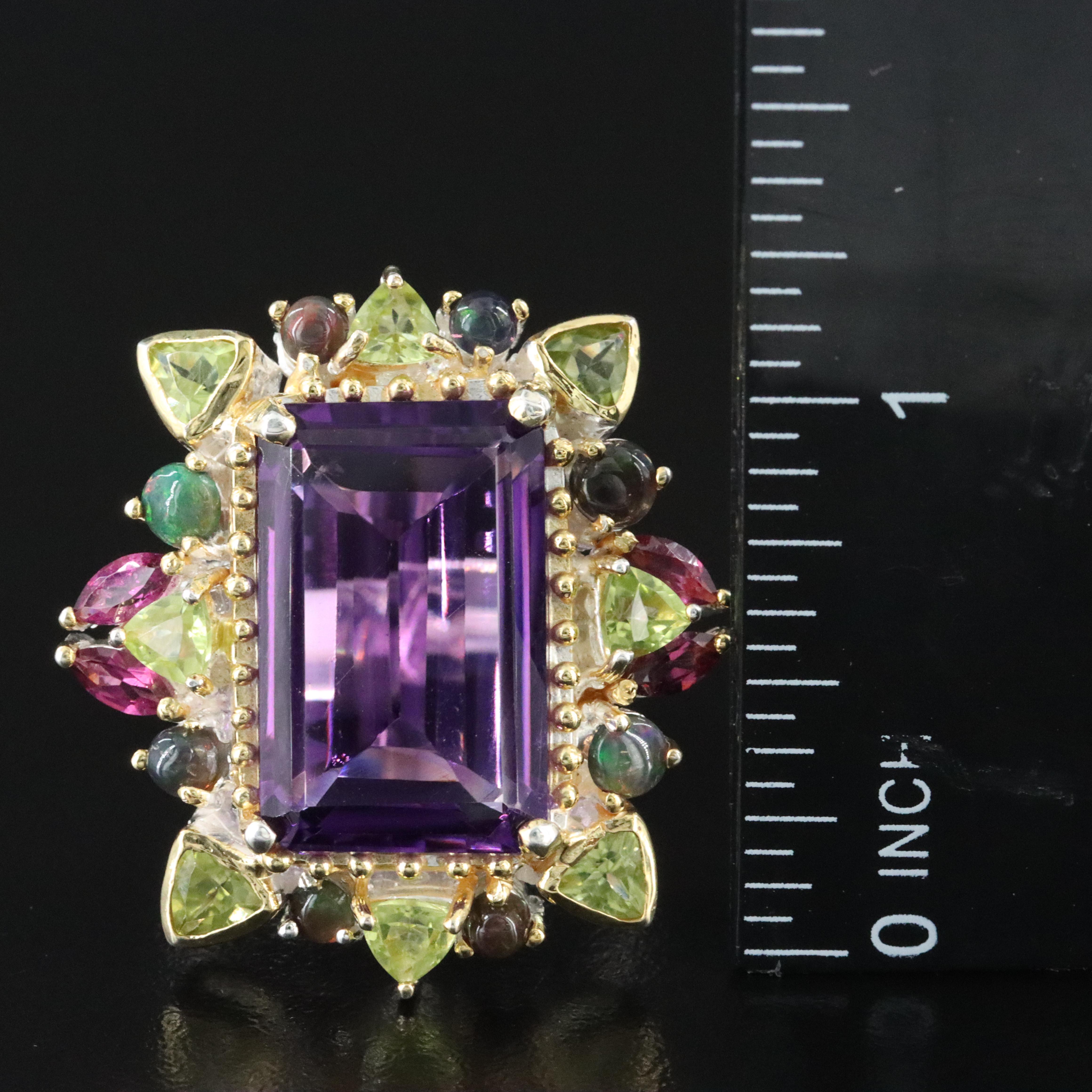 Sterling Amethyst, Peridot and Opal Rectangular Ring