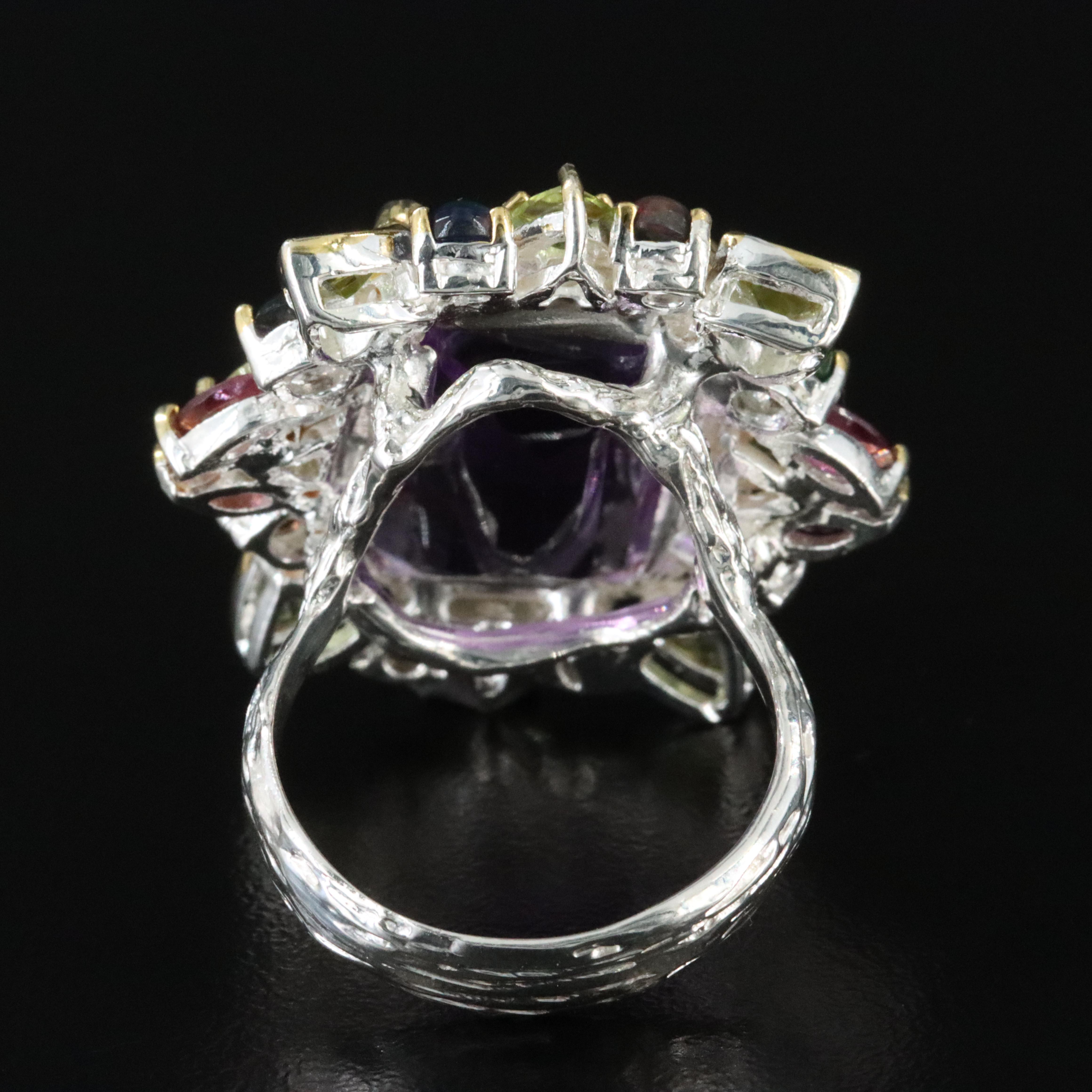 Sterling Amethyst, Peridot and Opal Rectangular Ring