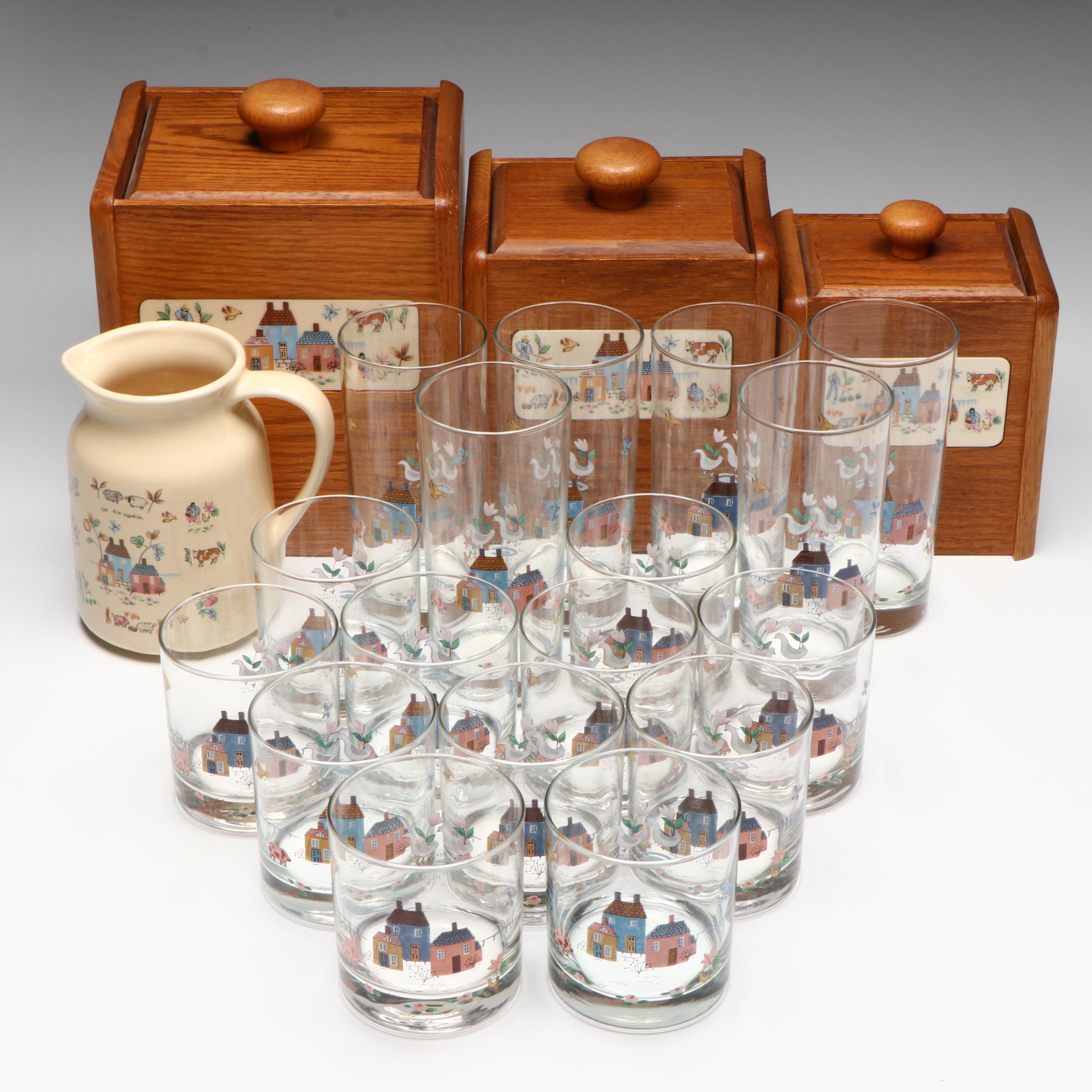 Wooden Kitchen Canisters, Ceramic Pitcher, and Glass Tumblers