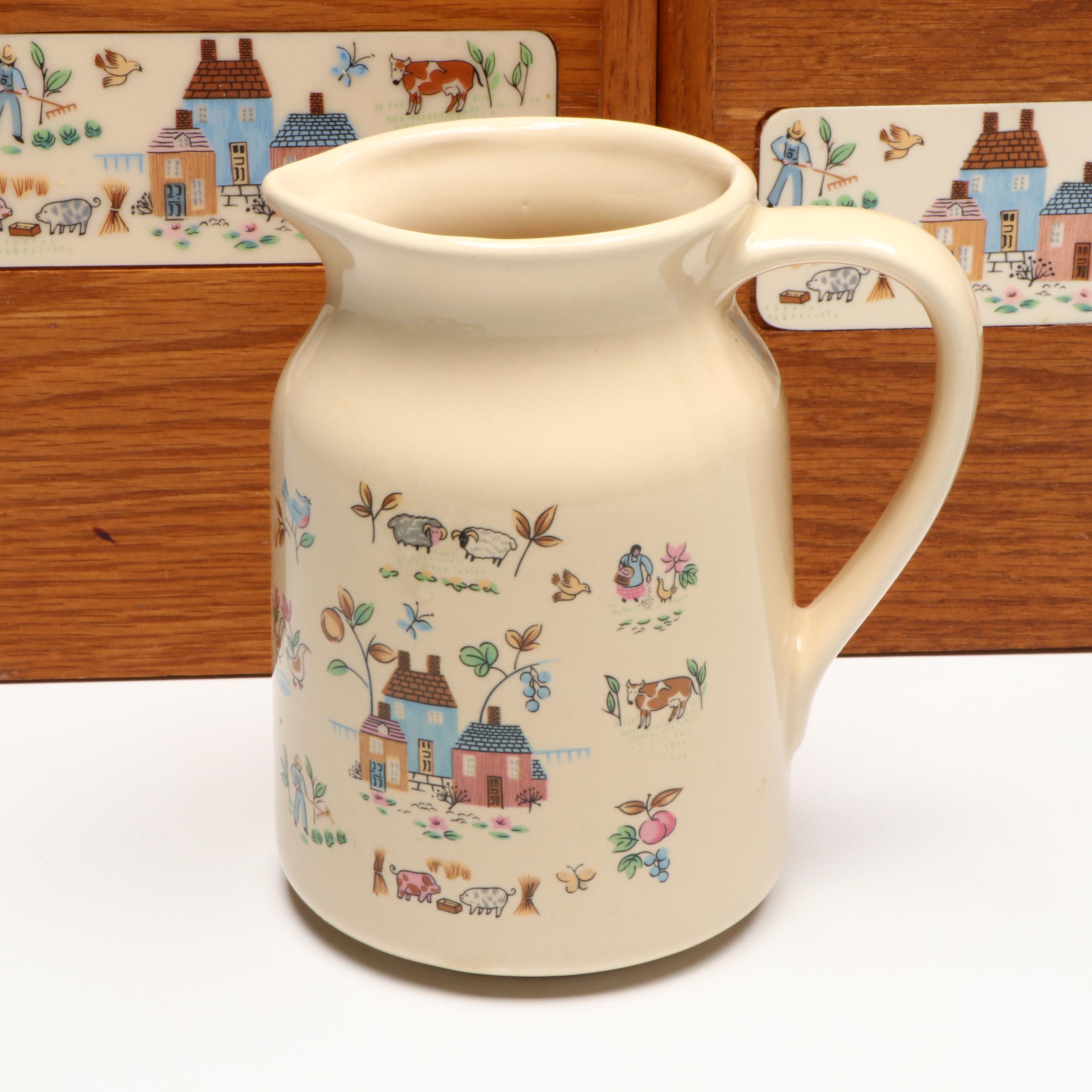 Wooden Kitchen Canisters, Ceramic Pitcher, and Glass Tumblers