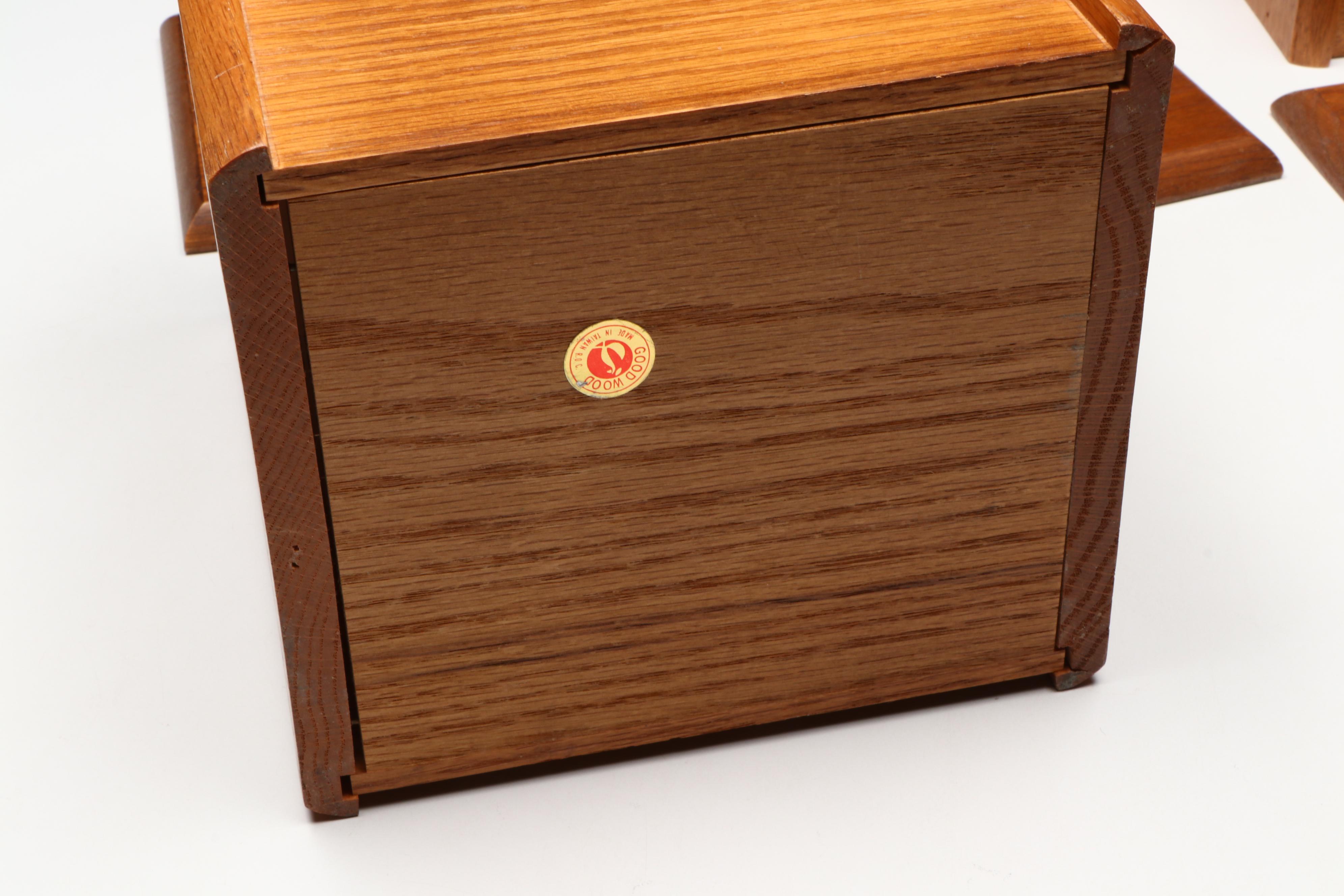 Wooden Kitchen Canisters, Ceramic Pitcher, and Glass Tumblers
