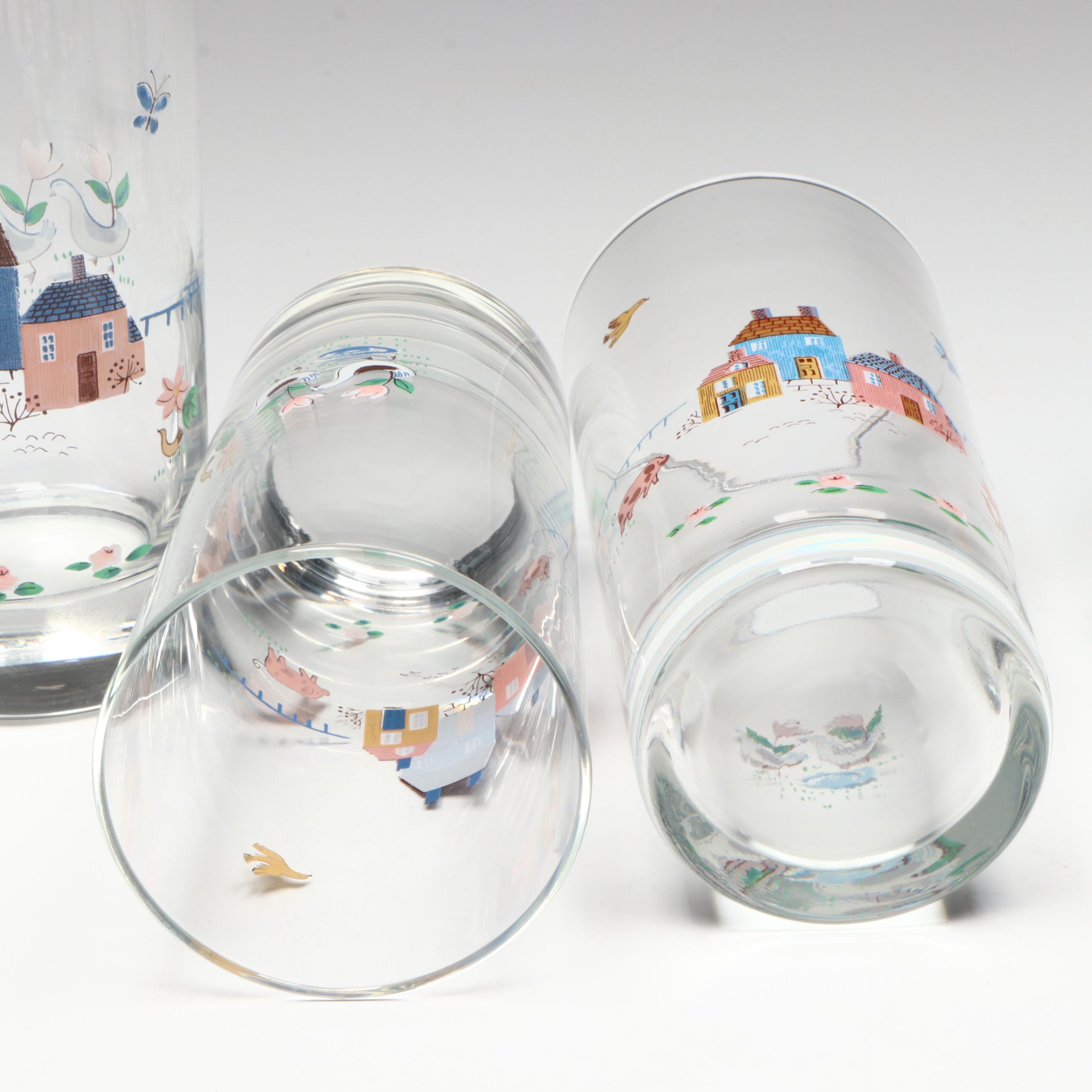 Wooden Kitchen Canisters, Ceramic Pitcher, and Glass Tumblers