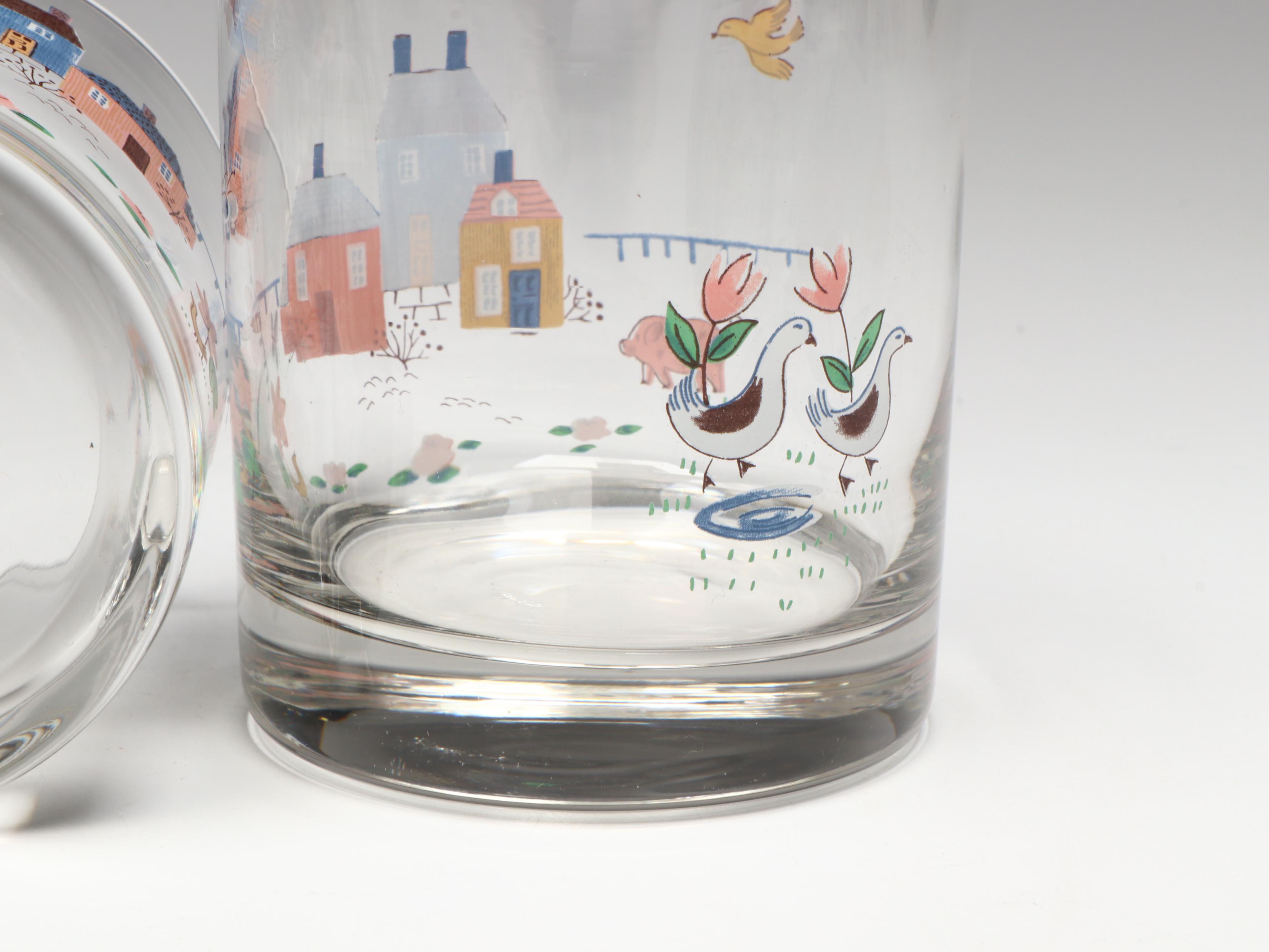 Wooden Kitchen Canisters, Ceramic Pitcher, and Glass Tumblers