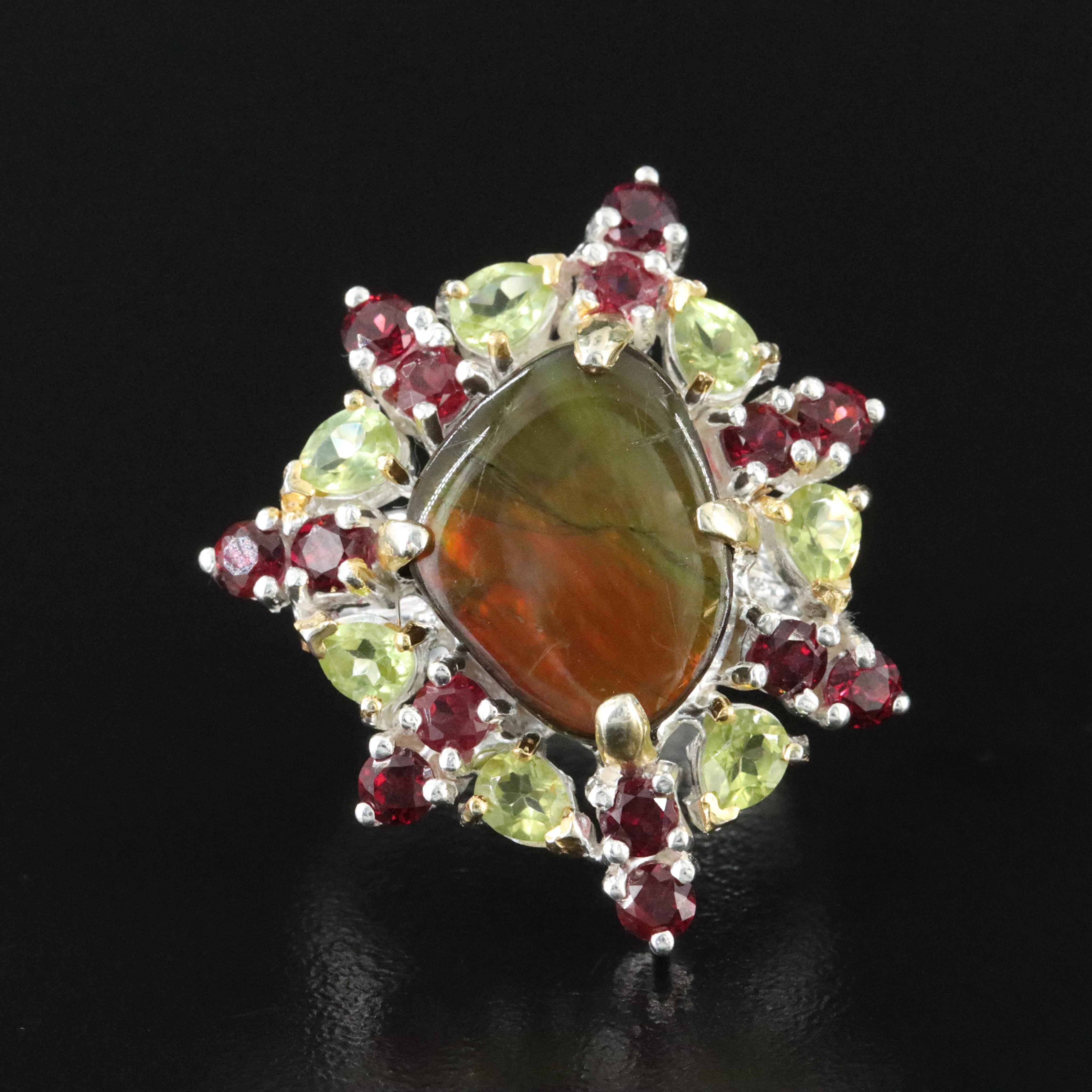Sterling Ammolite, Peridot and Garnet Ring