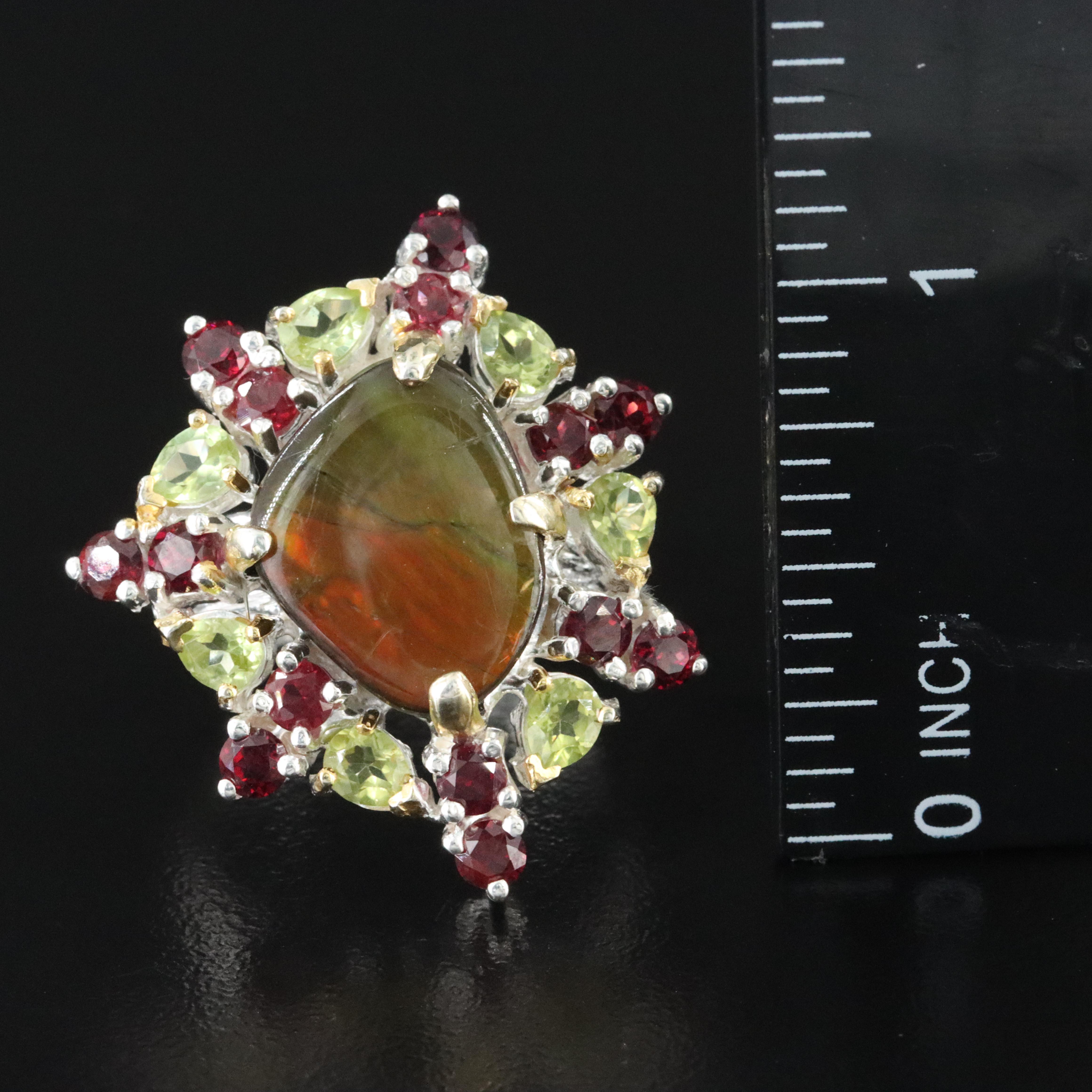 Sterling Ammolite, Peridot and Garnet Ring