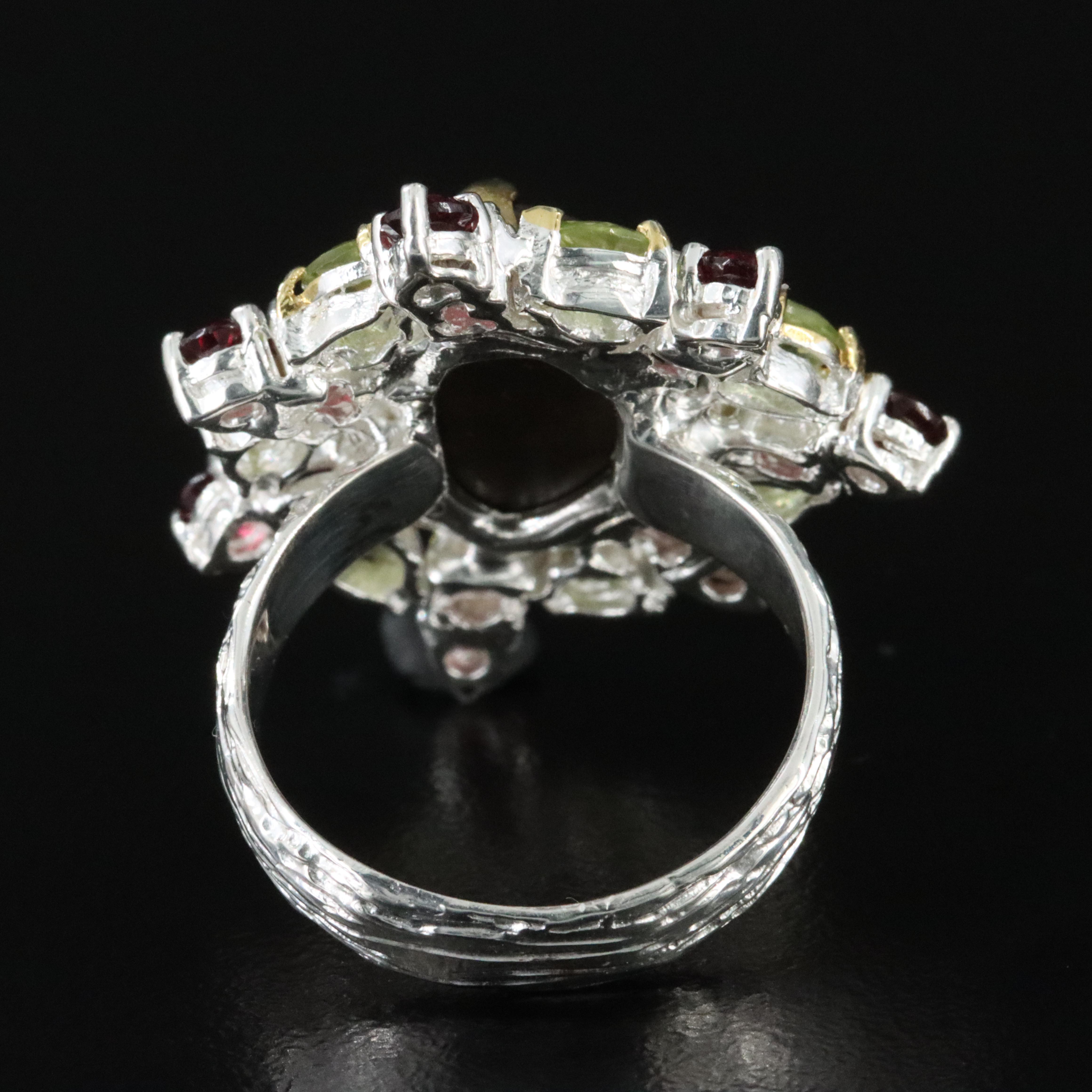 Sterling Ammolite, Peridot and Garnet Ring