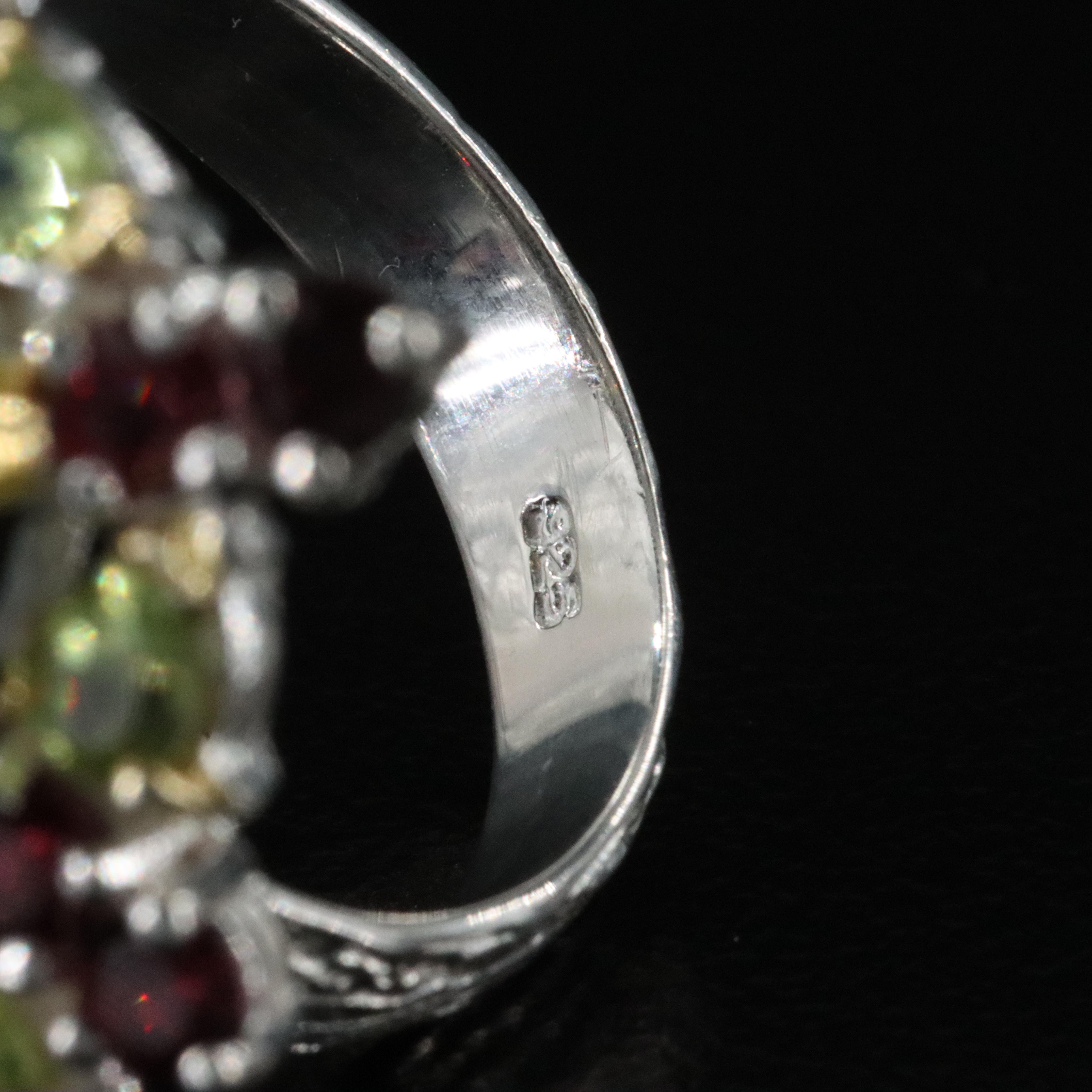 Sterling Ammolite, Peridot and Garnet Ring