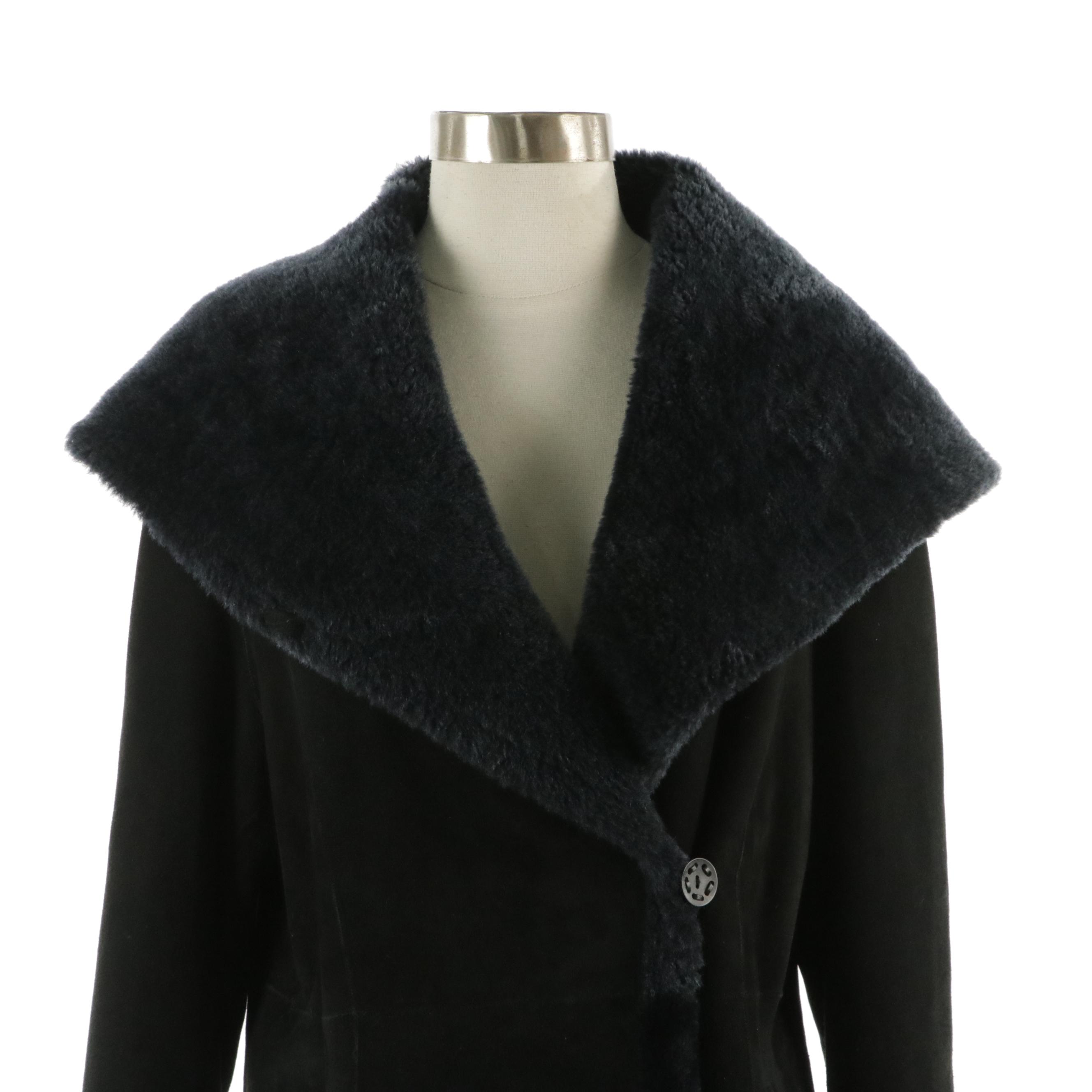 Belle Fare Blue Faux-Fur Lined Suede Wrap Coat