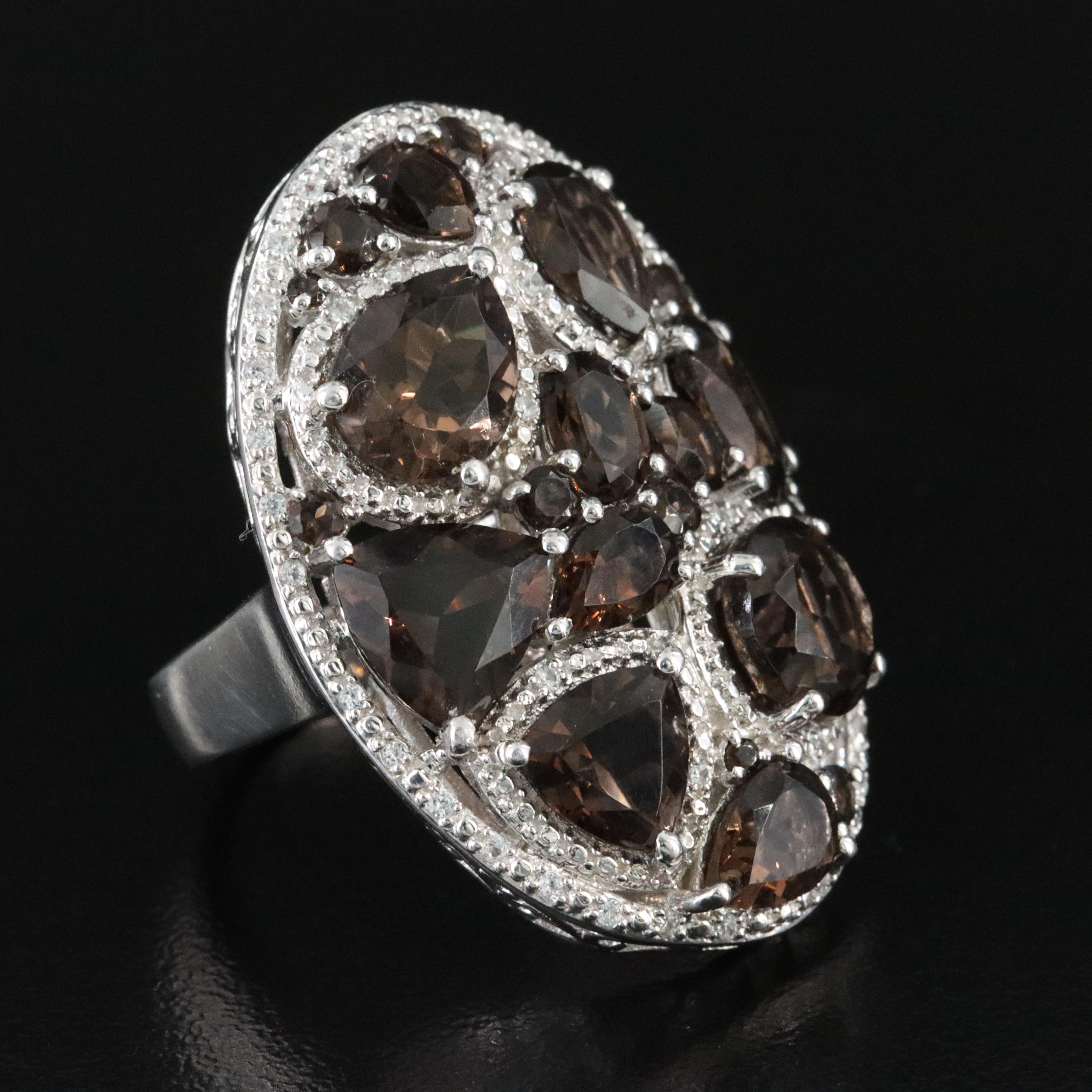 Sterling Smoky Quartz and White Topaz Cluster Shield Ring