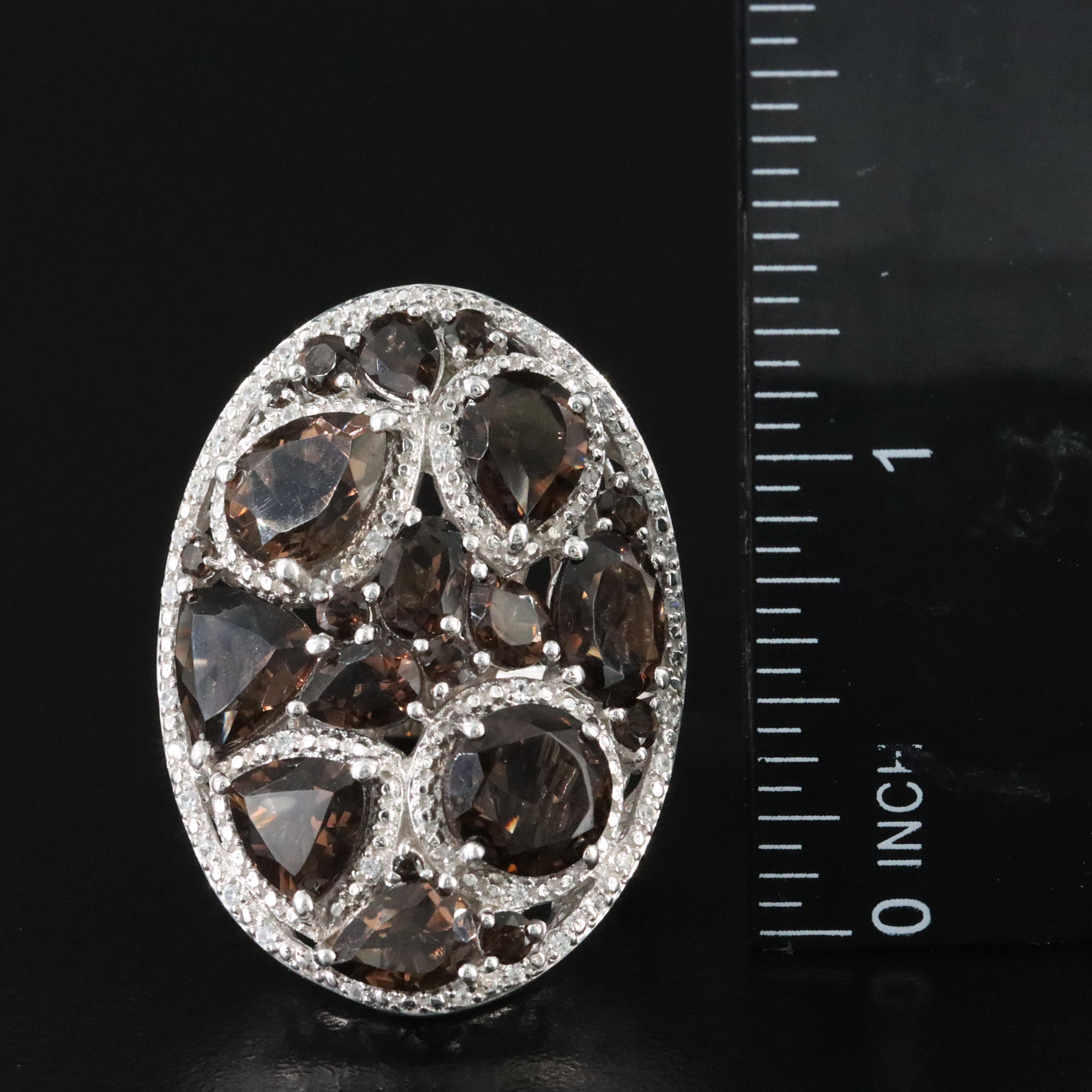 Sterling Smoky Quartz and White Topaz Cluster Shield Ring