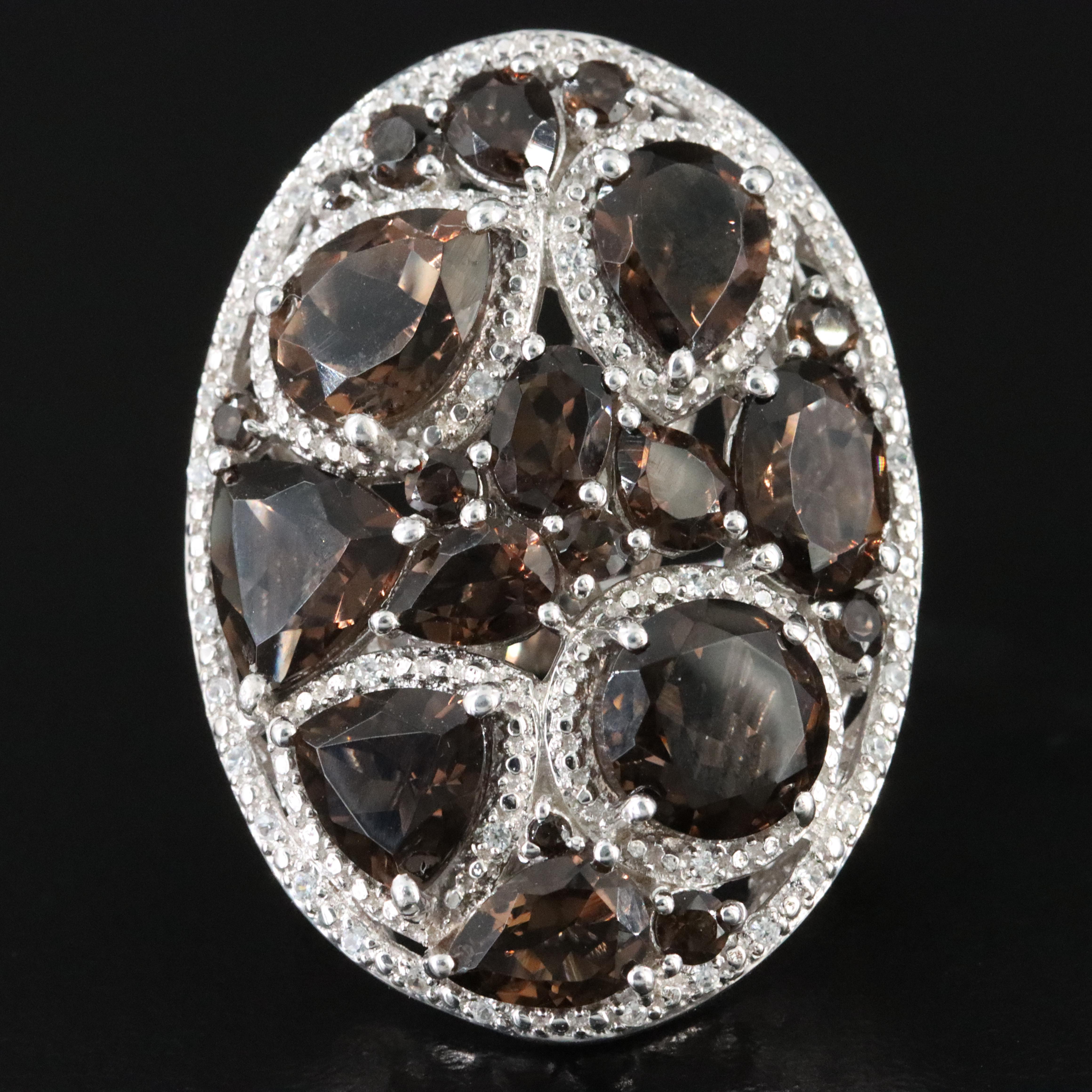 Sterling Smoky Quartz and White Topaz Cluster Shield Ring