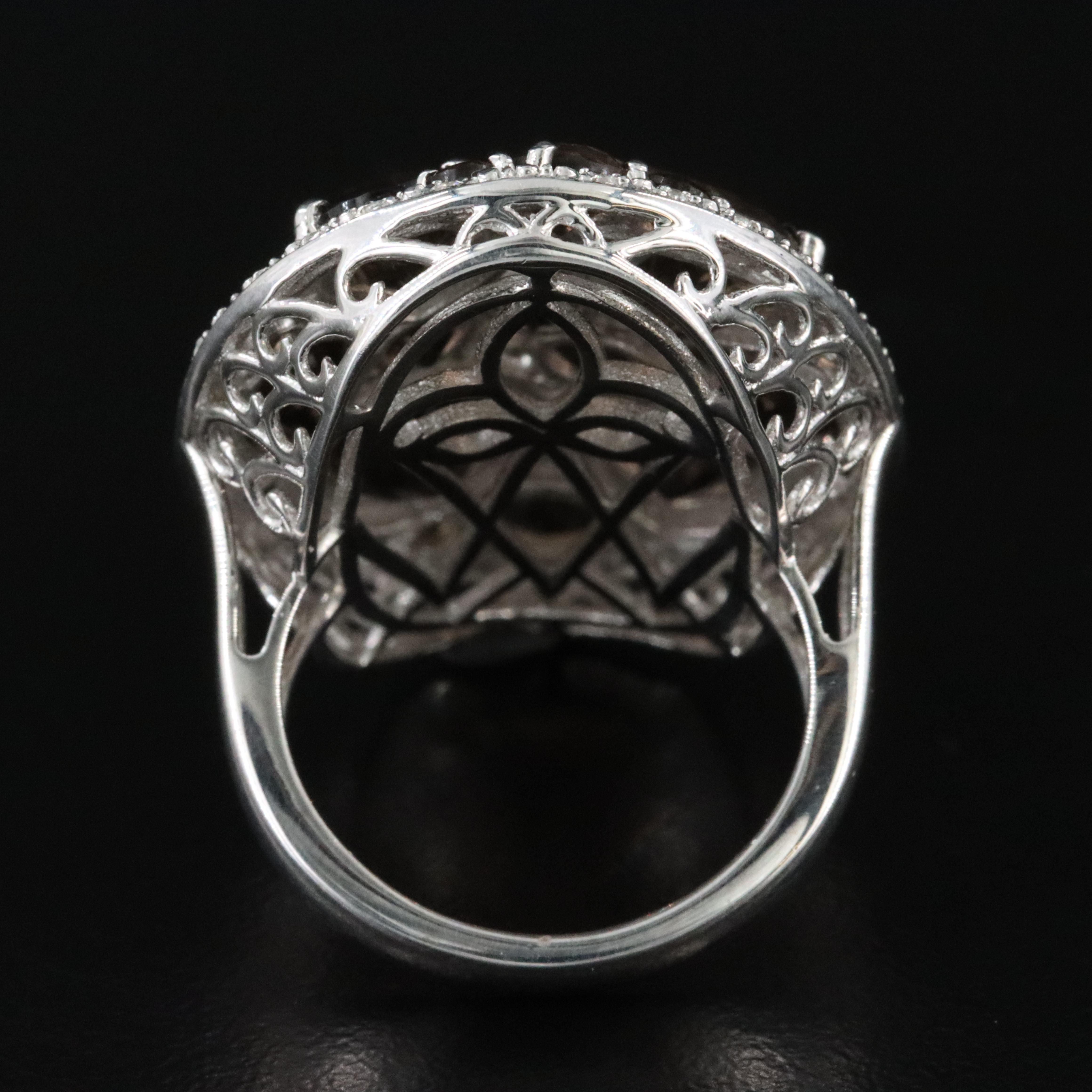 Sterling Smoky Quartz and White Topaz Cluster Shield Ring