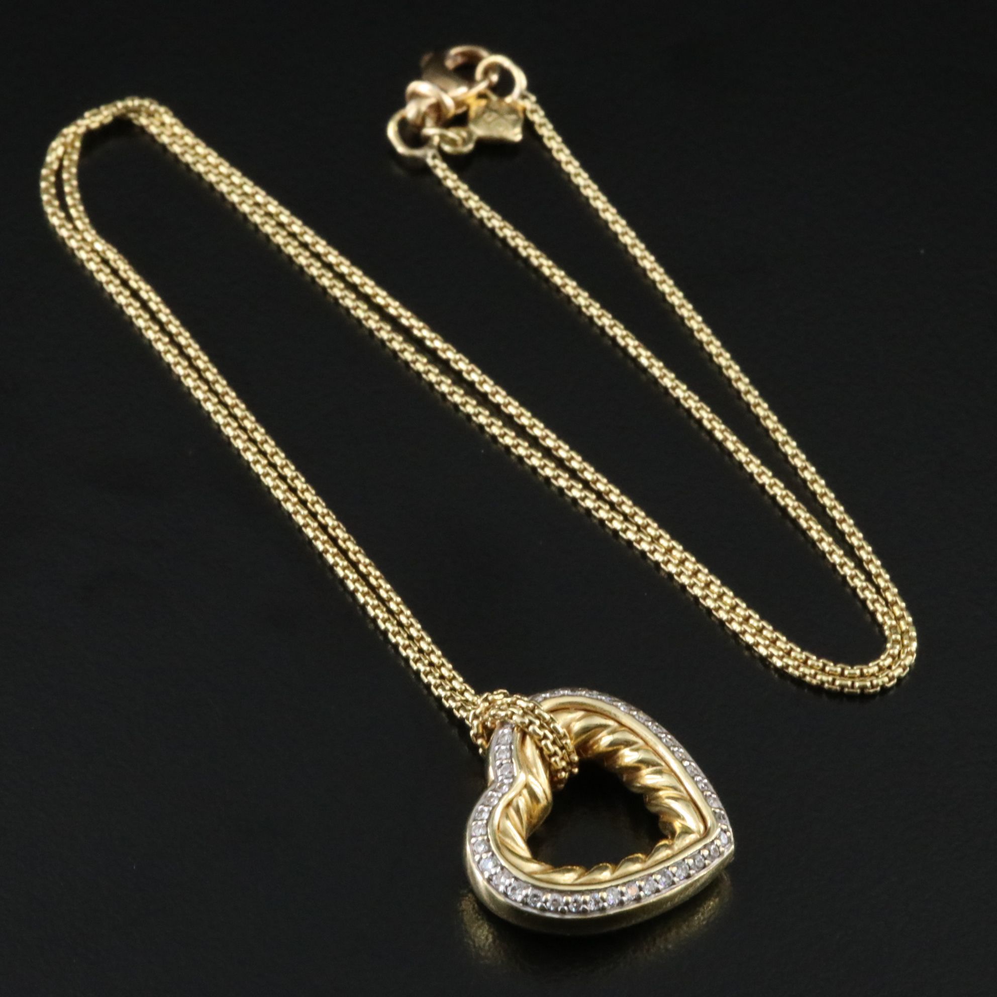 David Yurman 18K 0.26 CTW Diamond Heart Cable Necklace