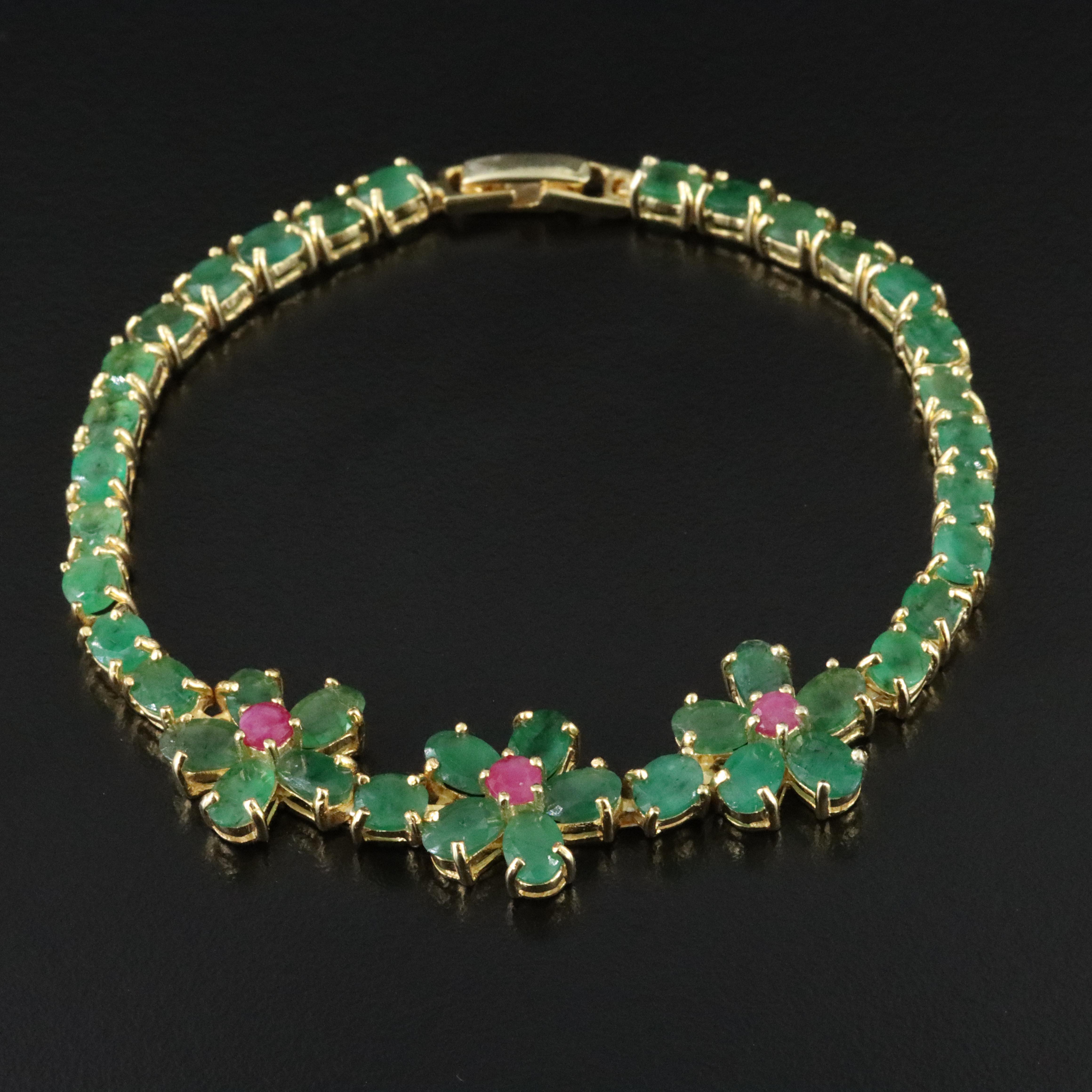 Sterling Emerald and Ruby Floral Bracelet