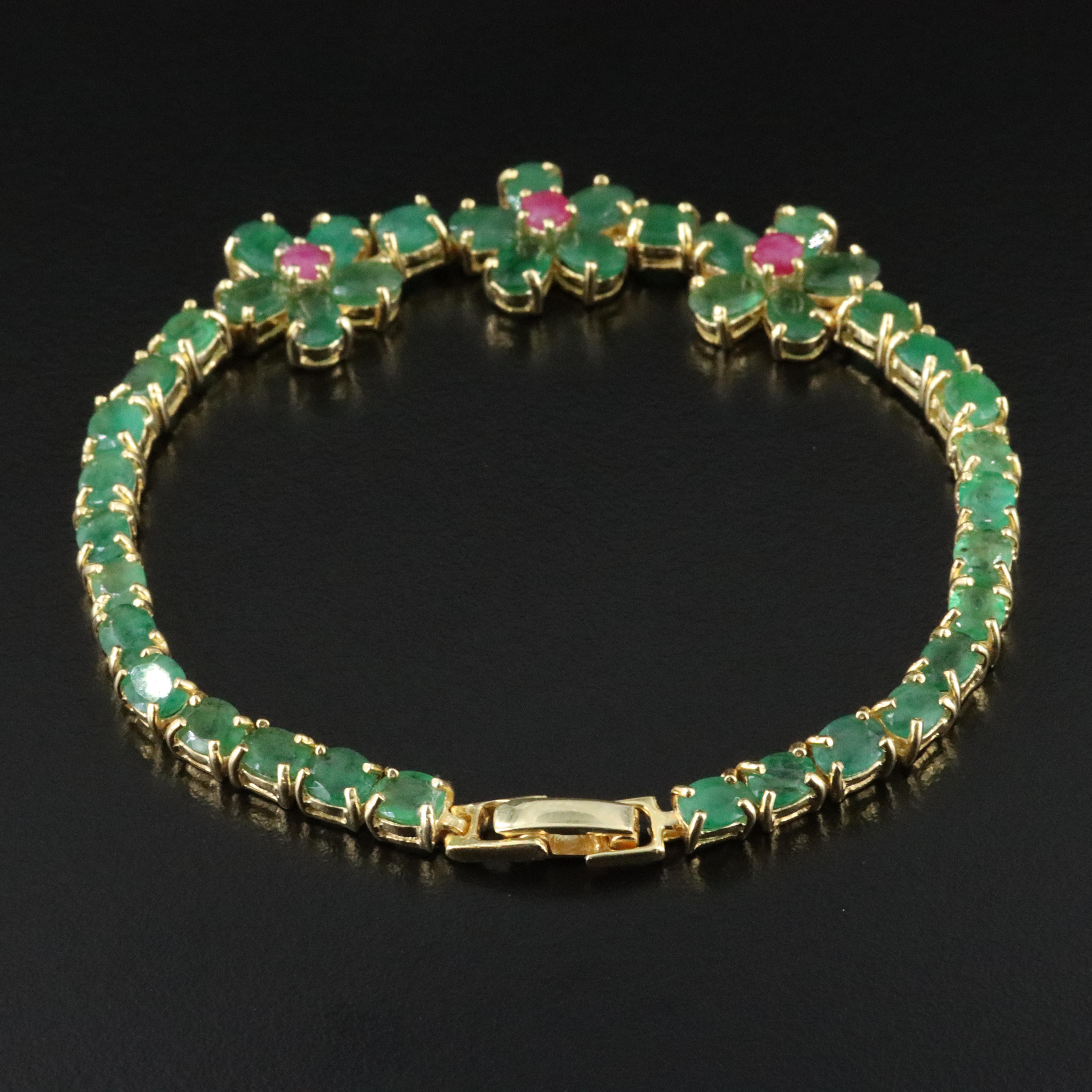 Sterling Emerald and Ruby Floral Bracelet