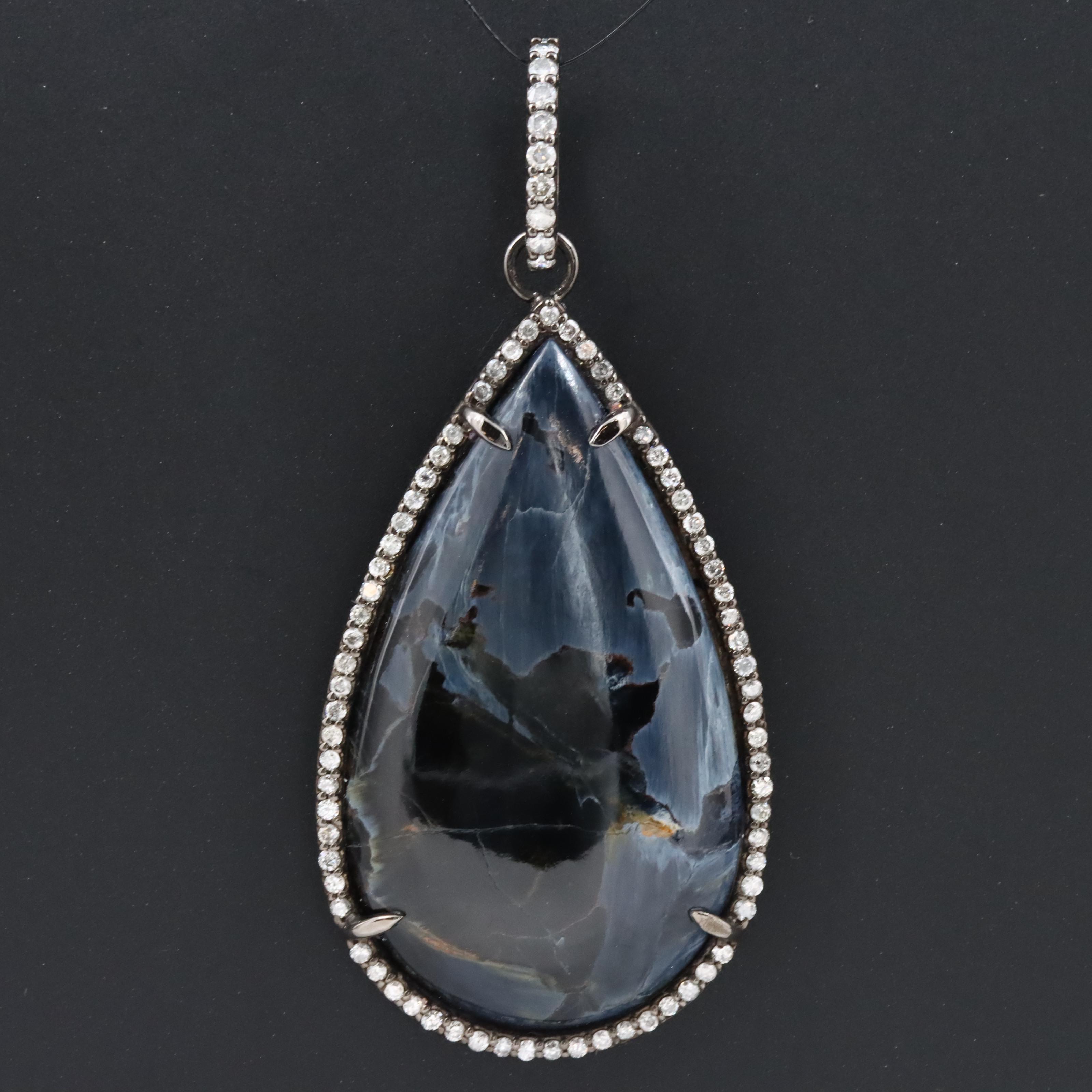 Sheryl Lowe Sterling Hawk's Eye and Diamond Drop Pendant