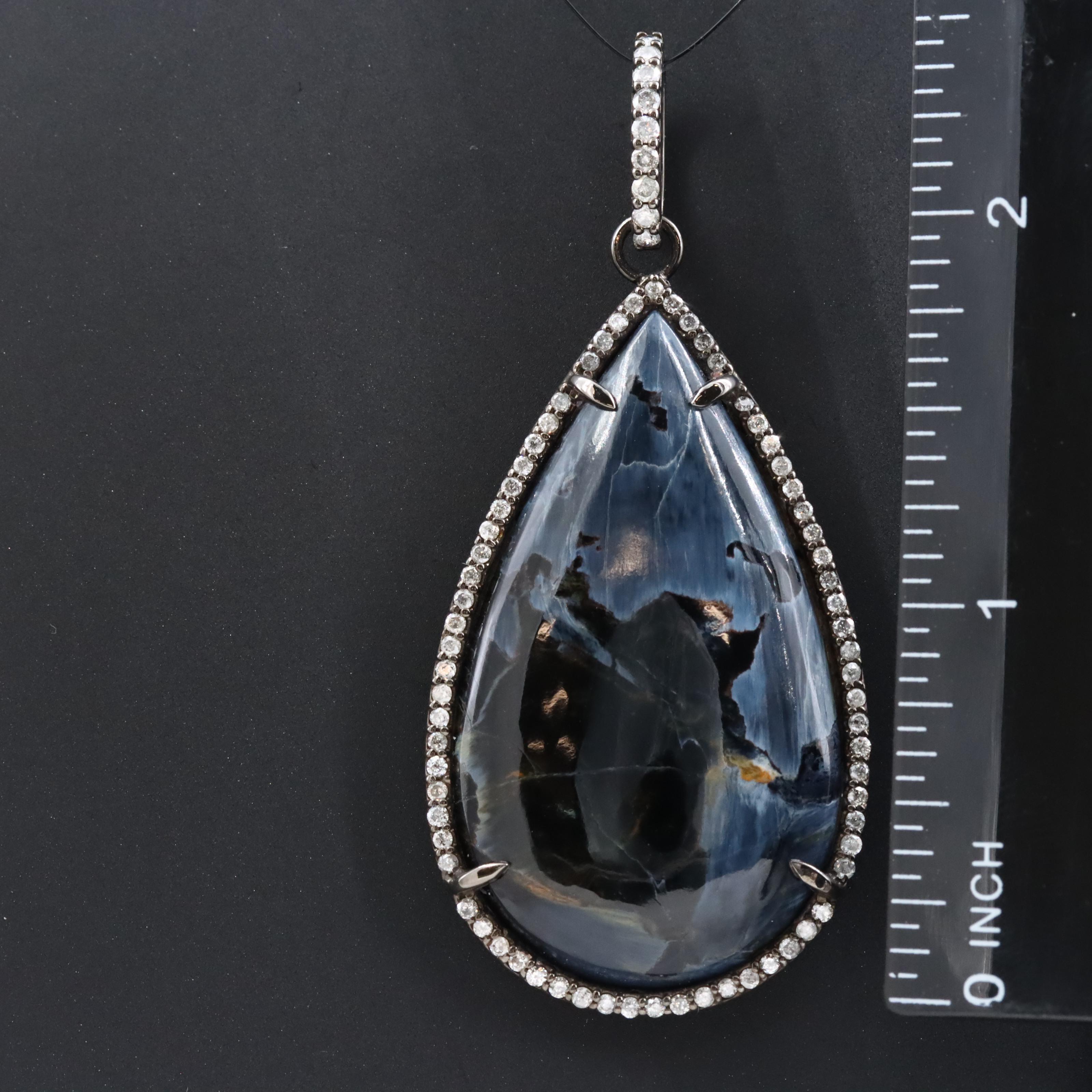 Sheryl Lowe Sterling Hawk's Eye and Diamond Drop Pendant