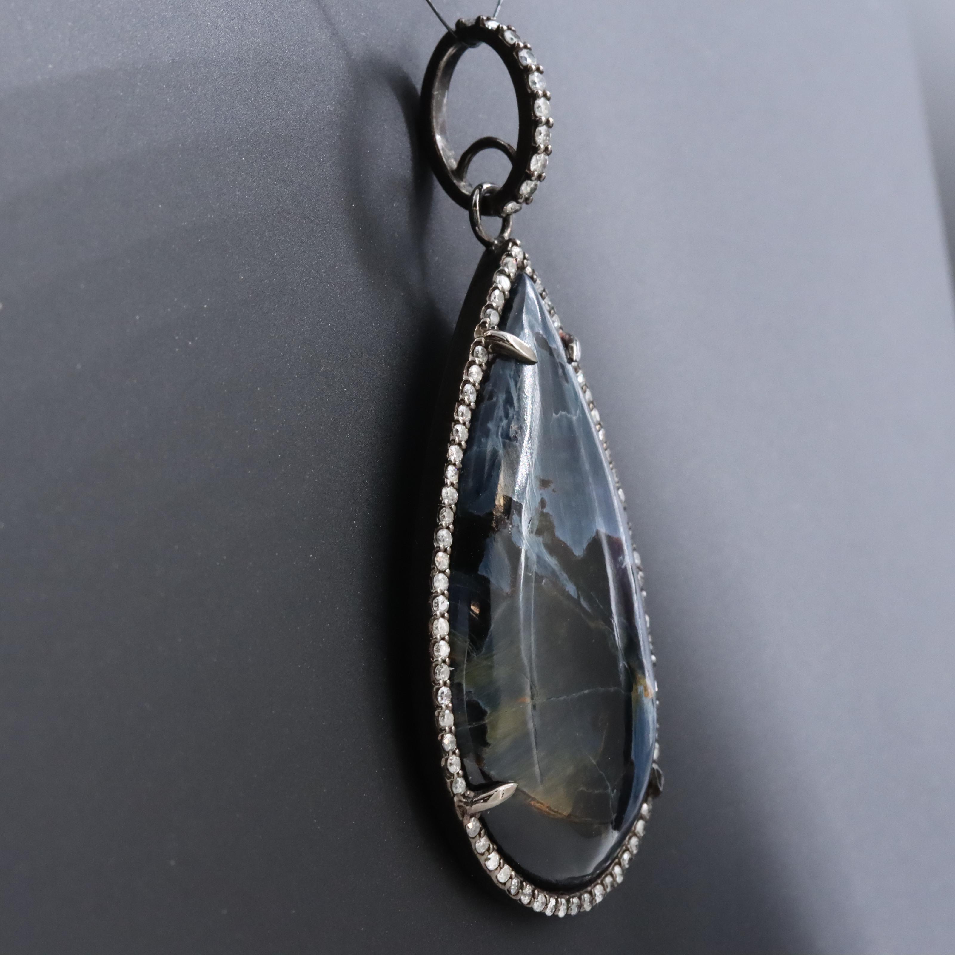 Sheryl Lowe Sterling Hawk's Eye and Diamond Drop Pendant