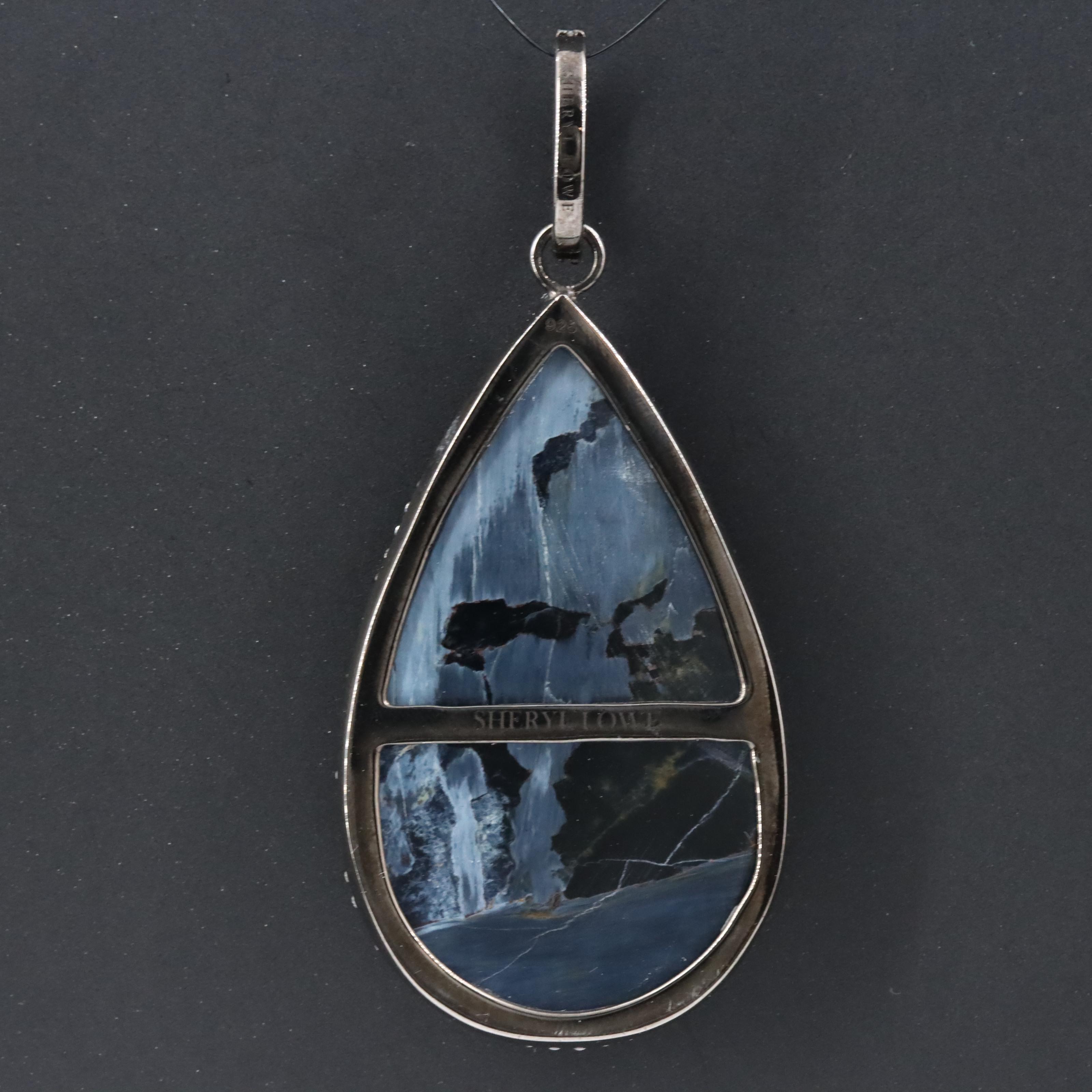 Sheryl Lowe Sterling Hawk's Eye and Diamond Drop Pendant