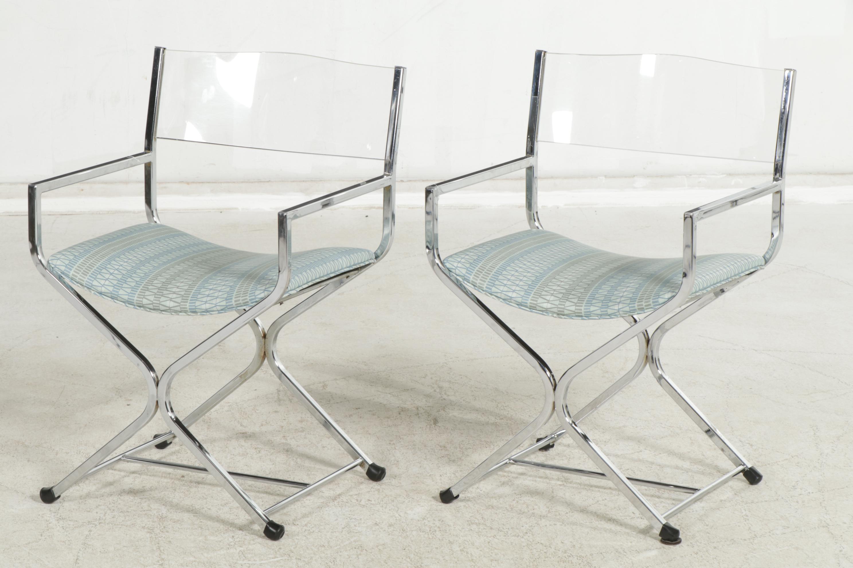 Modernist Chrome Director's Chairs with Acrylic Backs, Pair