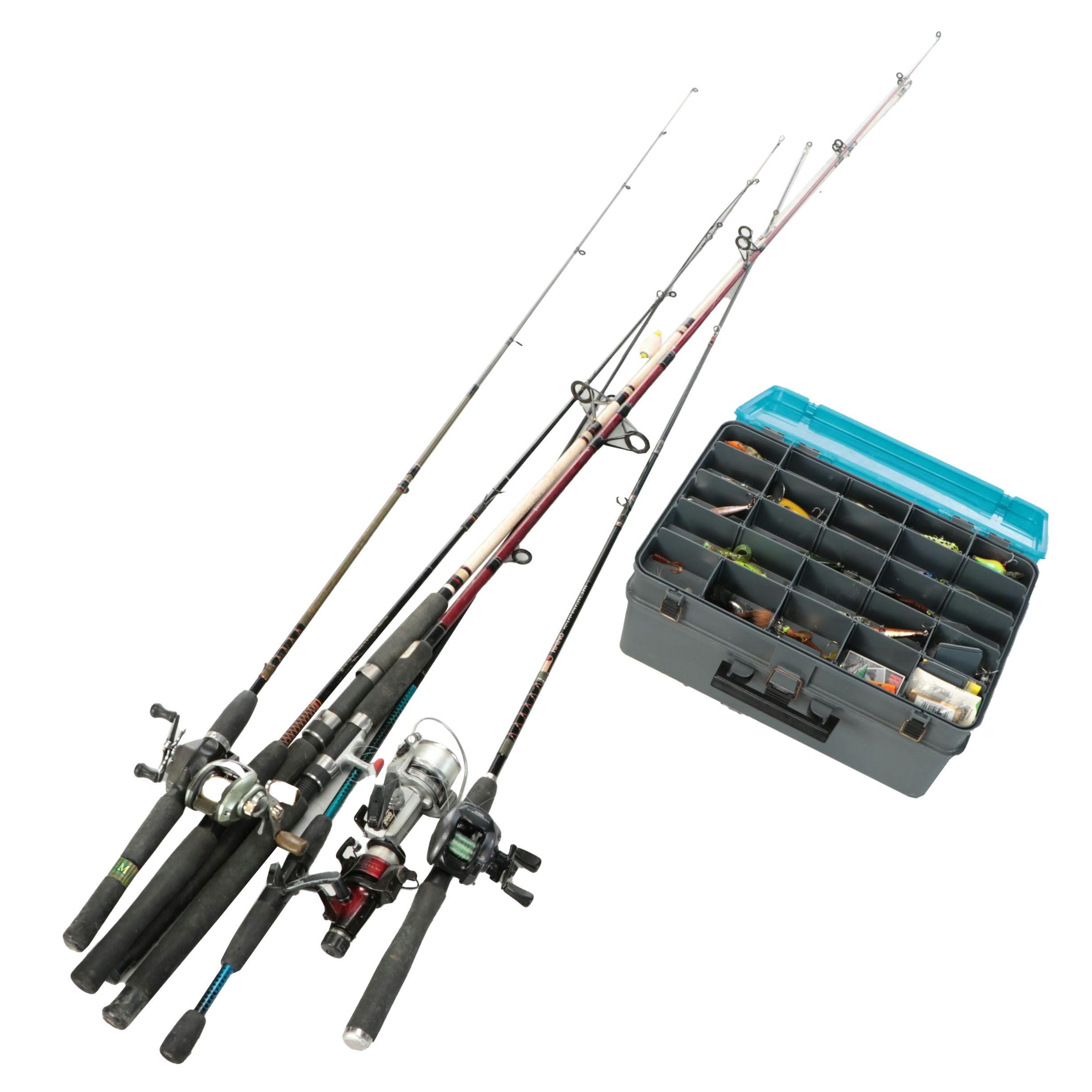 Shakespeare and Other Fishing Rods with Tackle Box and More Gear