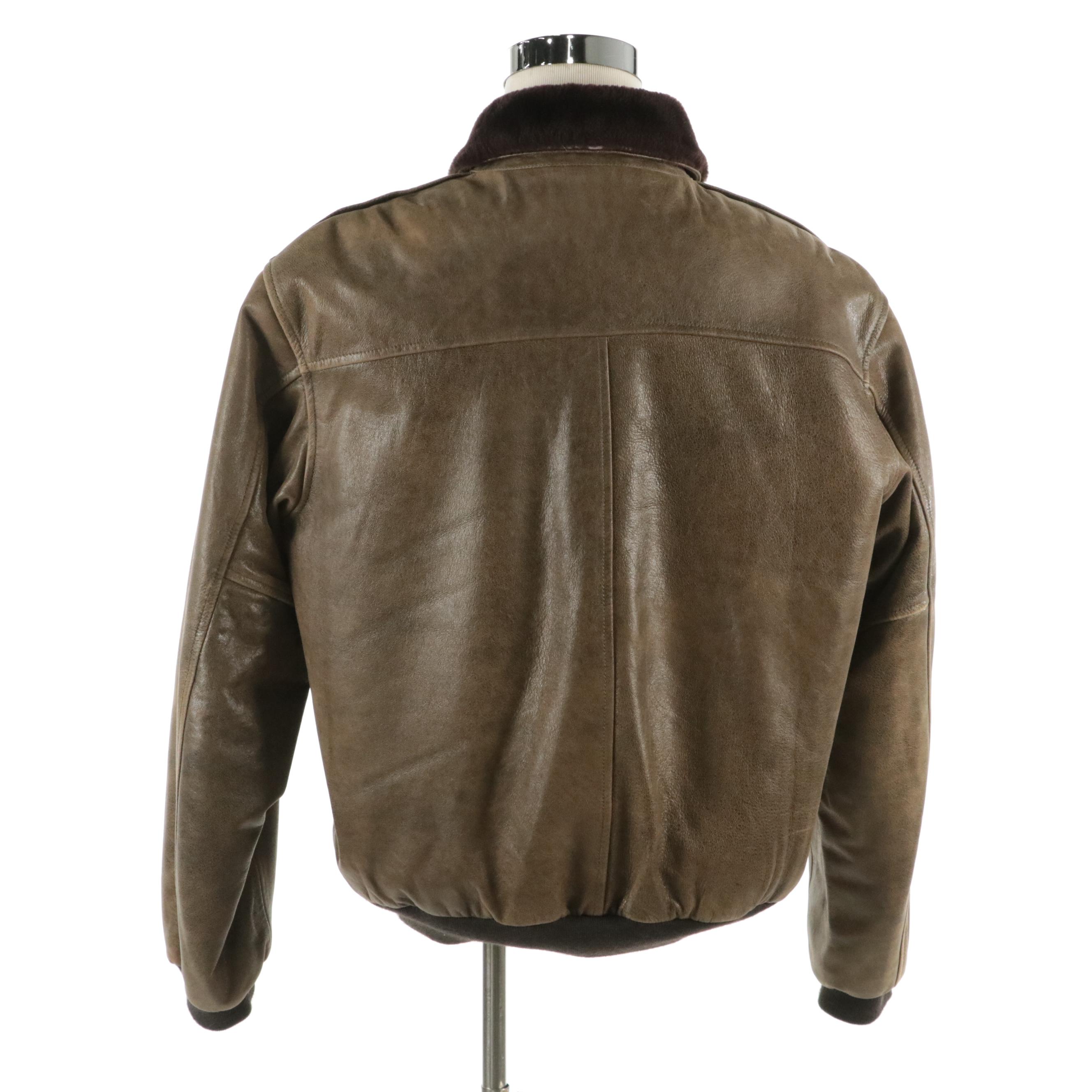 Men's L.L. Bean Mocha Brown Goatskin Leather Jacket with Shearling Wool Trim