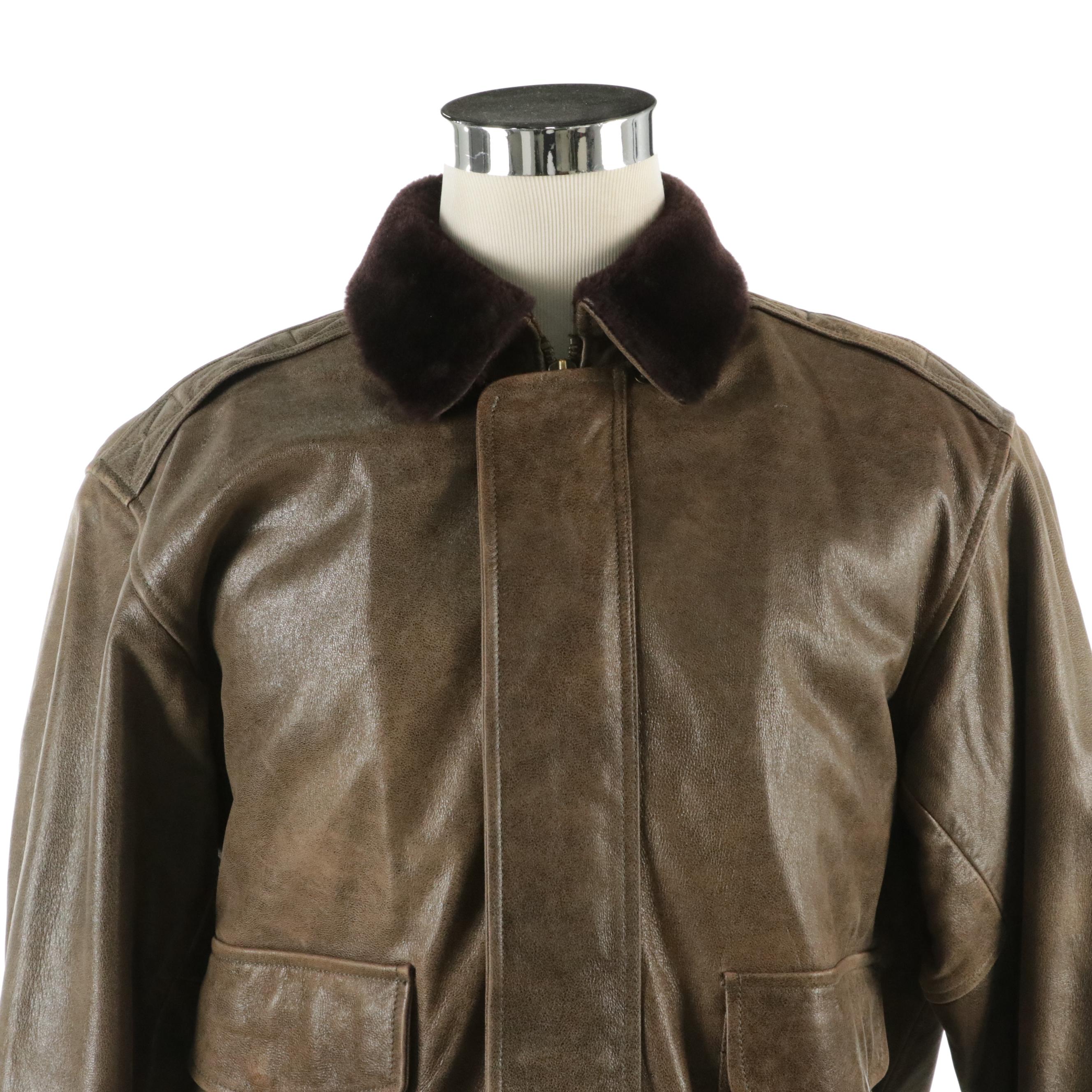 Men's L.L. Bean Mocha Brown Goatskin Leather Jacket with Shearling Wool Trim