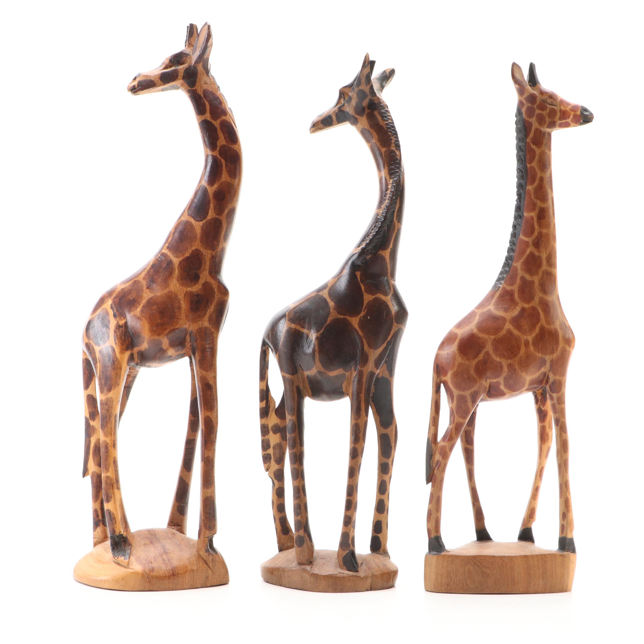 Carved Wood and Wrapped Leather Giraffes with Zebra