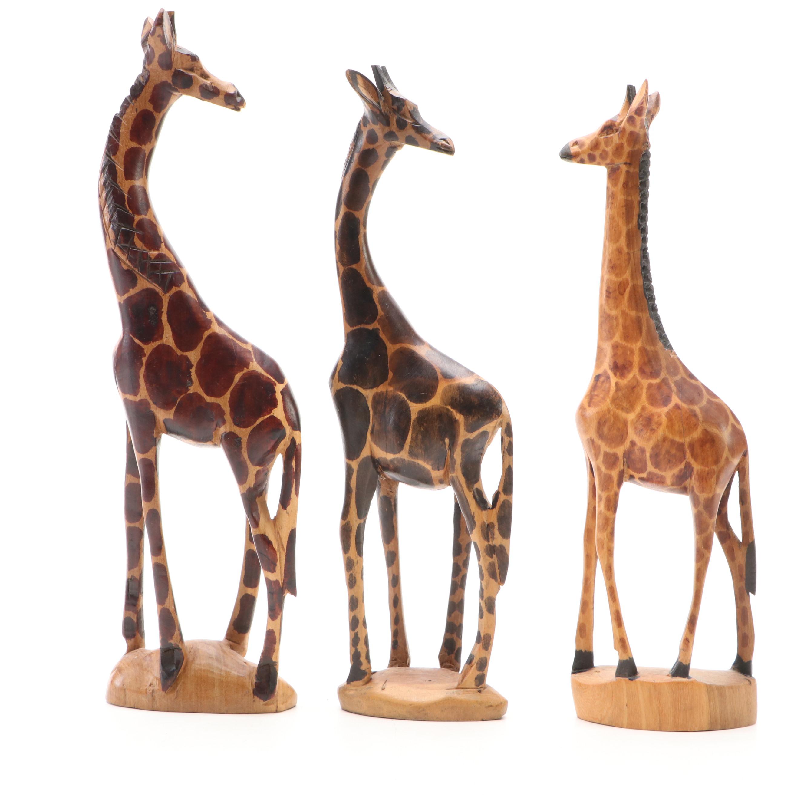 Carved Wood and Wrapped Leather Giraffes with Zebra