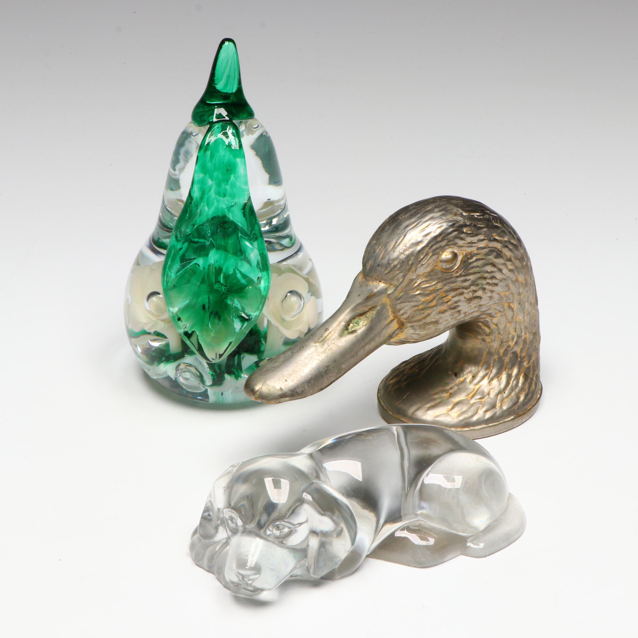 Metal Duck Head, Crystal Dog, and Glass Pear Paperweights