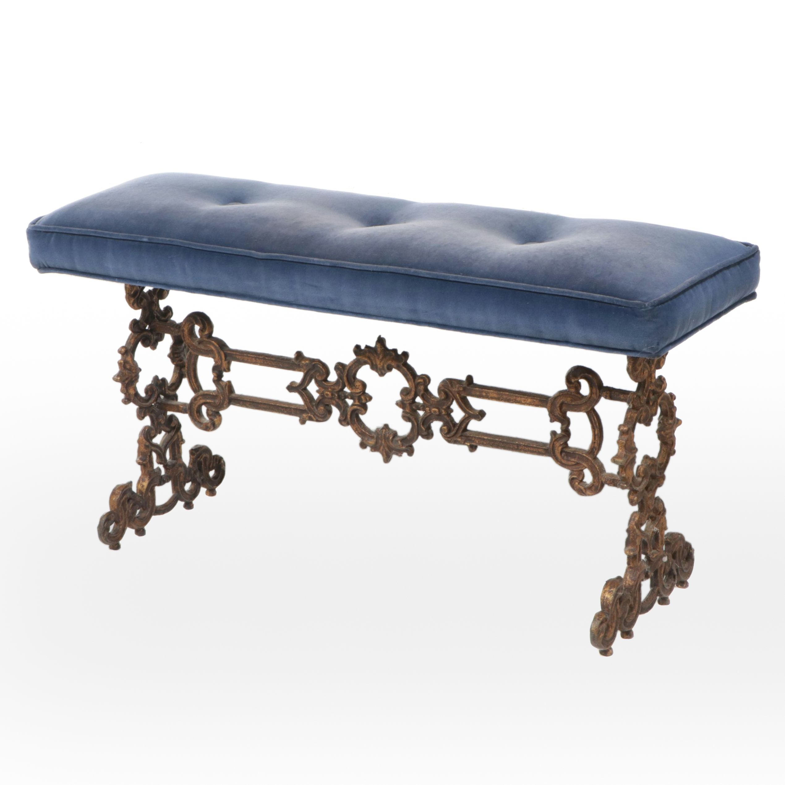 Antique Cast Iron and Button-Tufted Velvet Bench