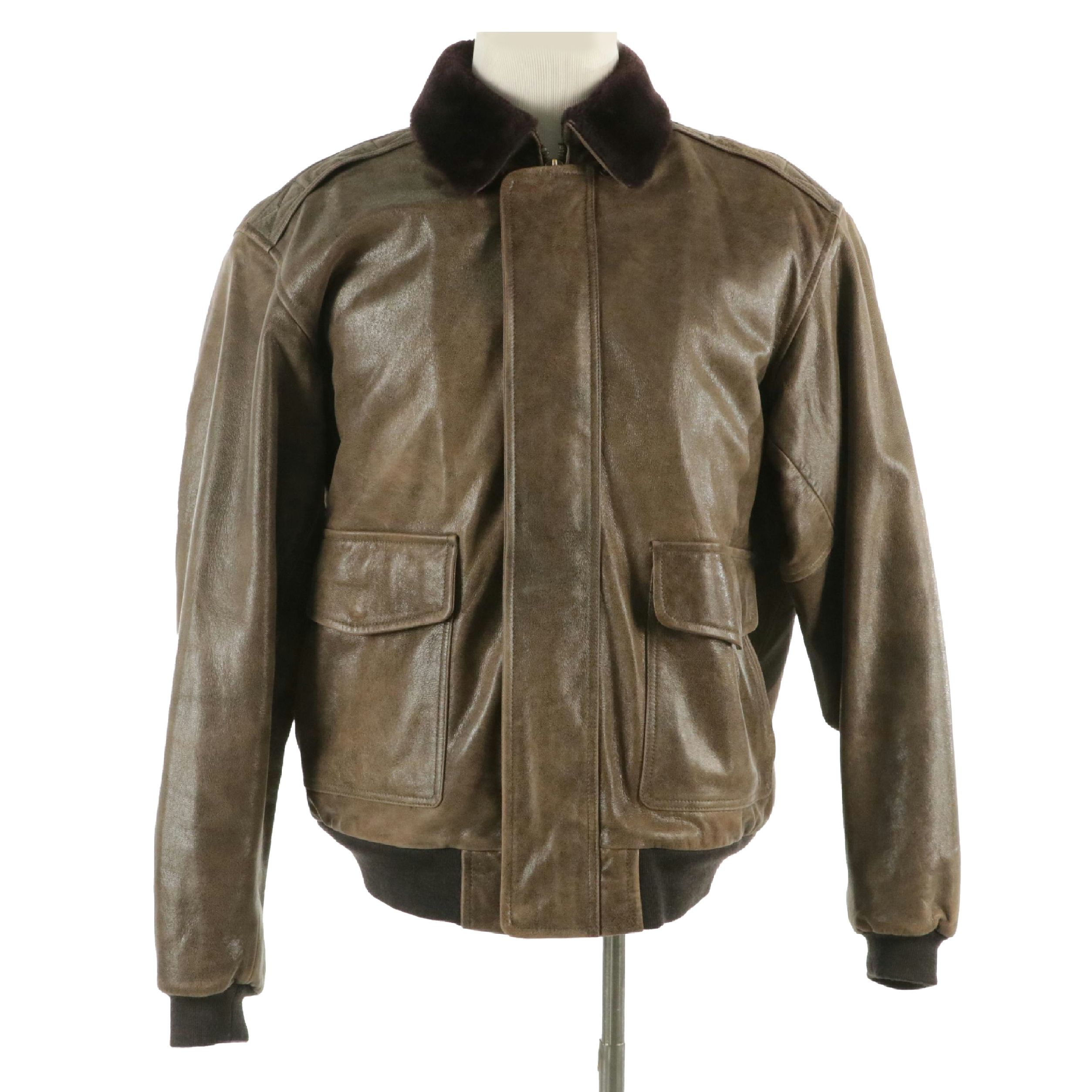 Men's L.L. Bean Mocha Brown Goatskin Leather Jacket with Shearling Wool Trim