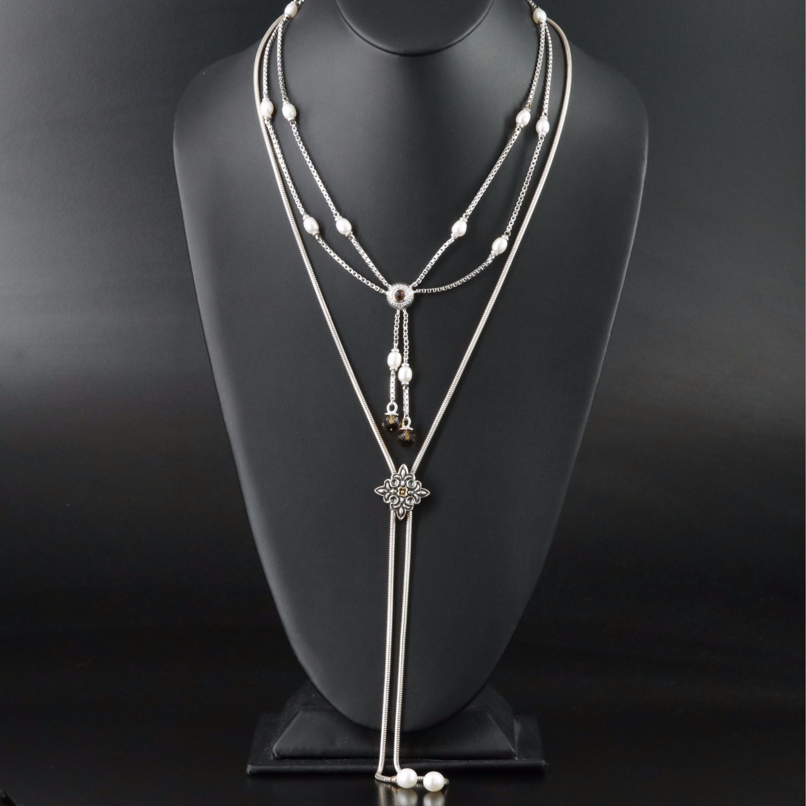 Judith Ripka Pearl and Citrine and Ann King Pearl Sterling Necklaces